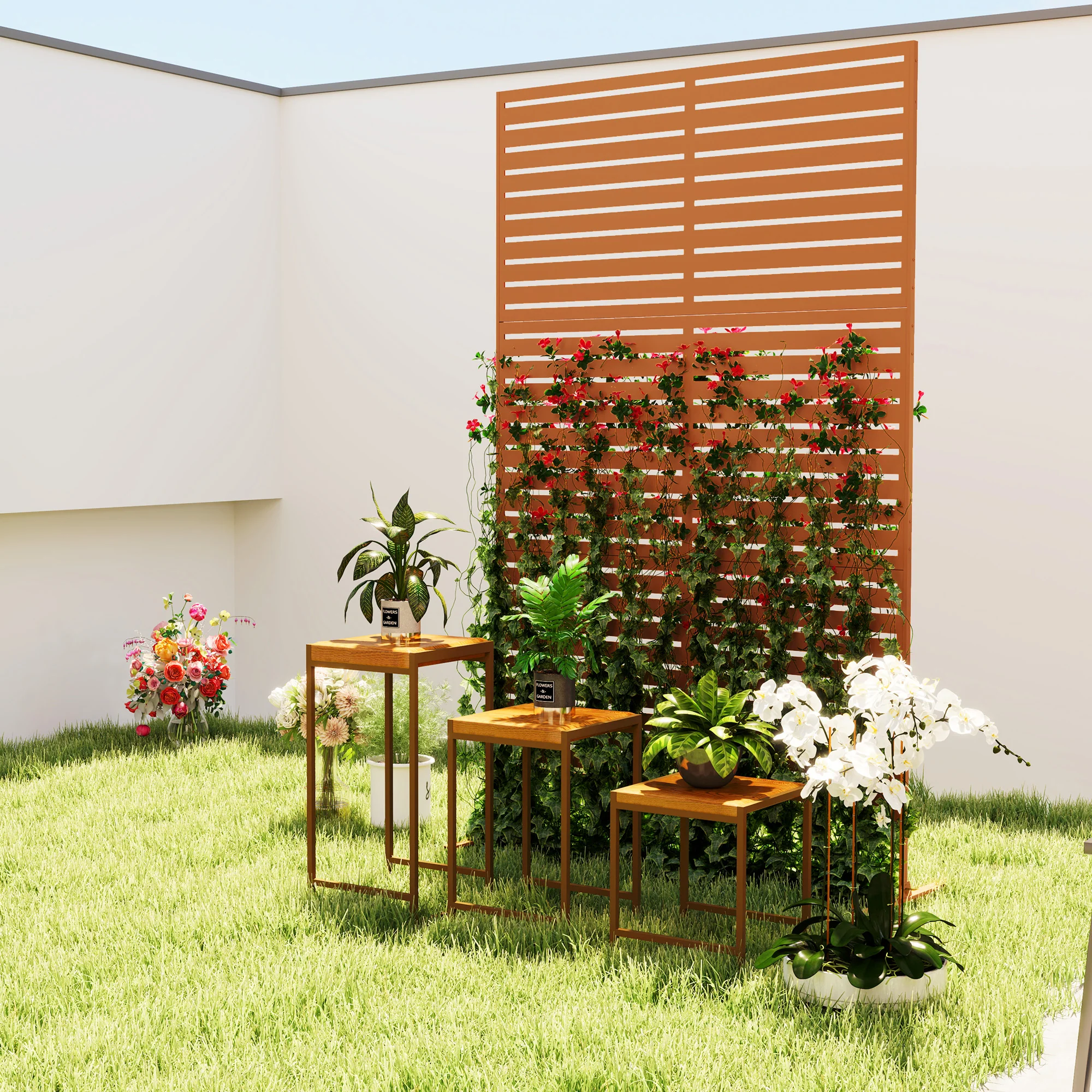 78" x 48" Metal Outdoor Privacy Screen & Climbing Trellis with Stand, Brown - Image 10