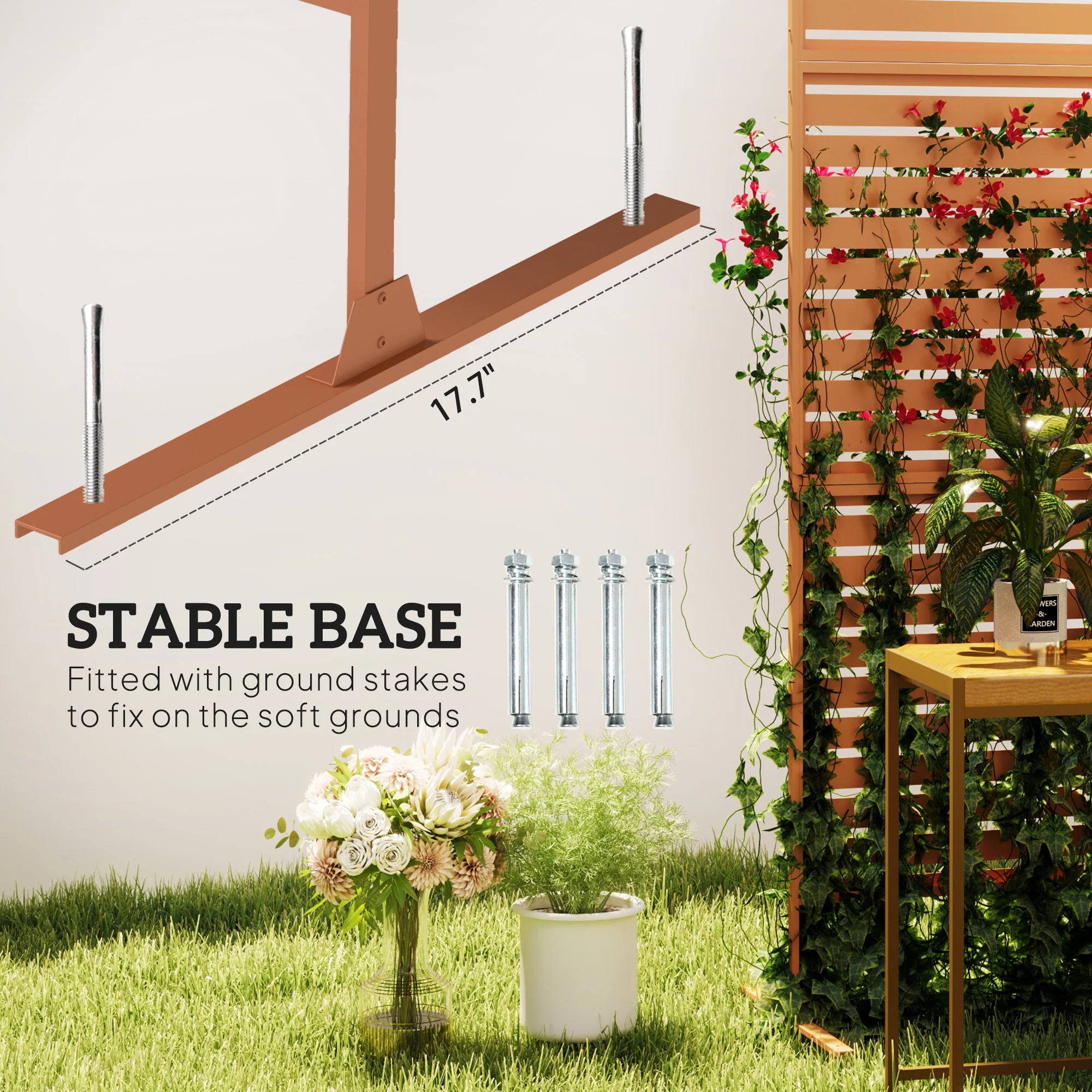 78" x 48" Metal Outdoor Privacy Screen & Climbing Trellis with Stand, Brown - Image 7