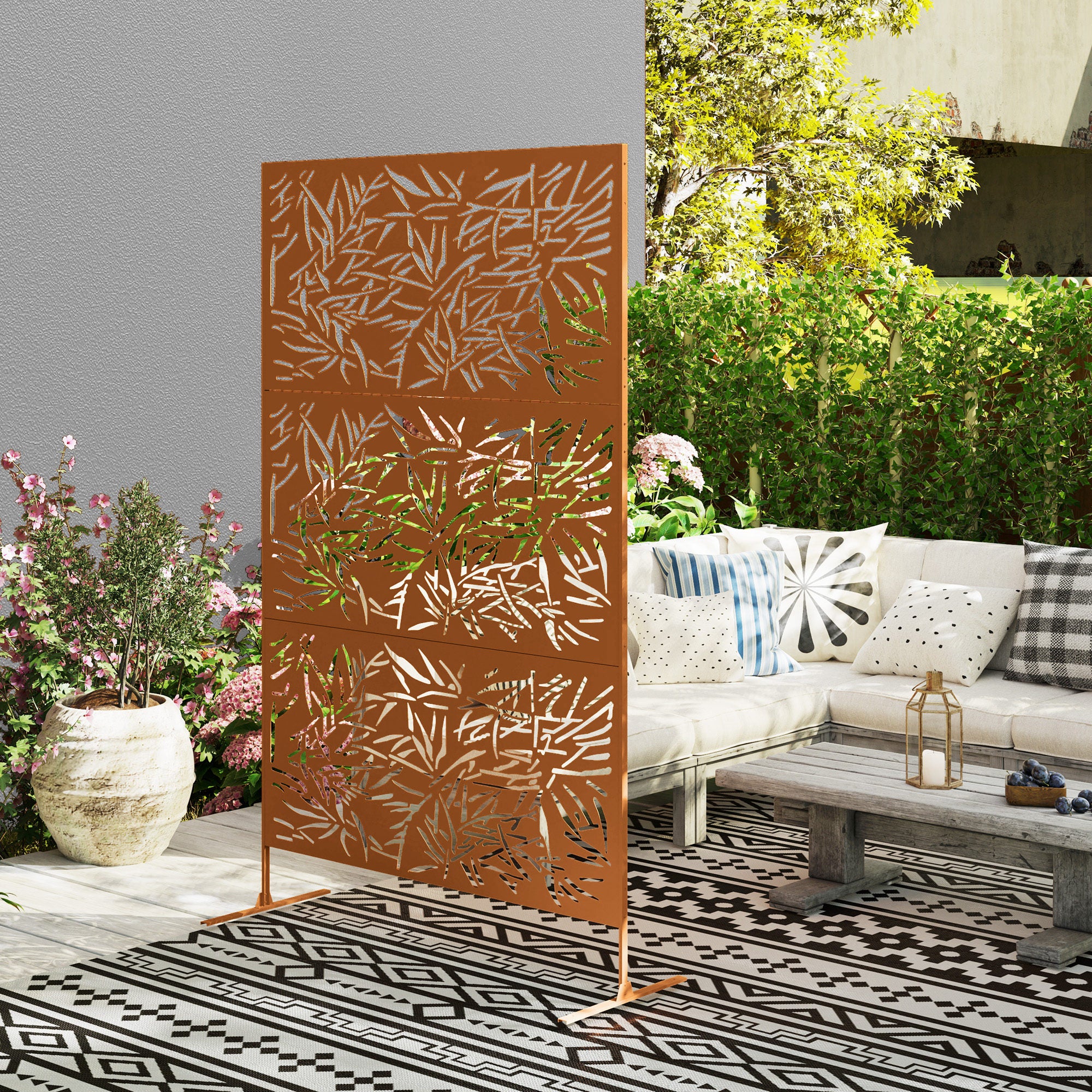 78" x 48" Metal Outdoor Privacy Screen with Climbing Plant Trellis and Stand, Bamboo Brown - Image 9