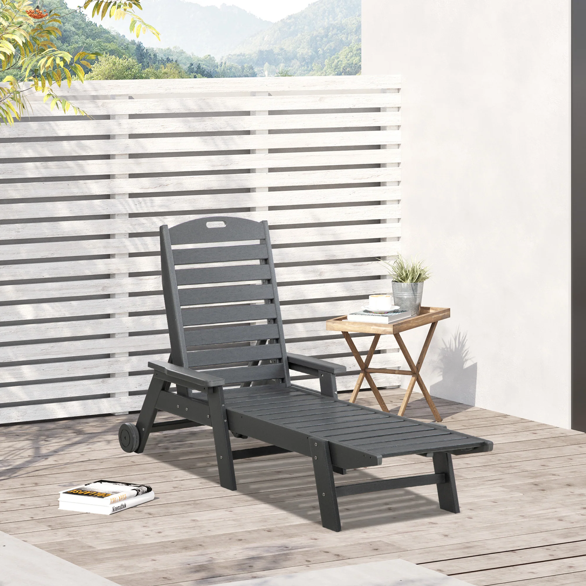 Waterproof Adjustable Reclining Chaise Lounge Chair with Wheels, Light Gray - Image 3