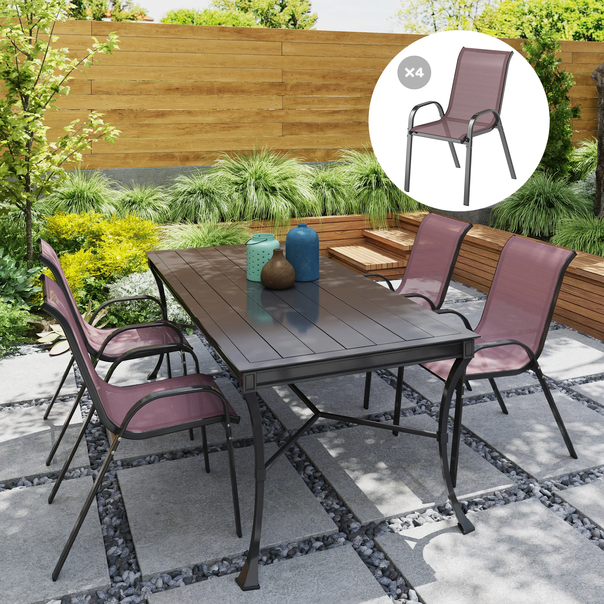4 Stackable Patio Chairs with High Back, Breathable Mesh, Brown - Image 4
