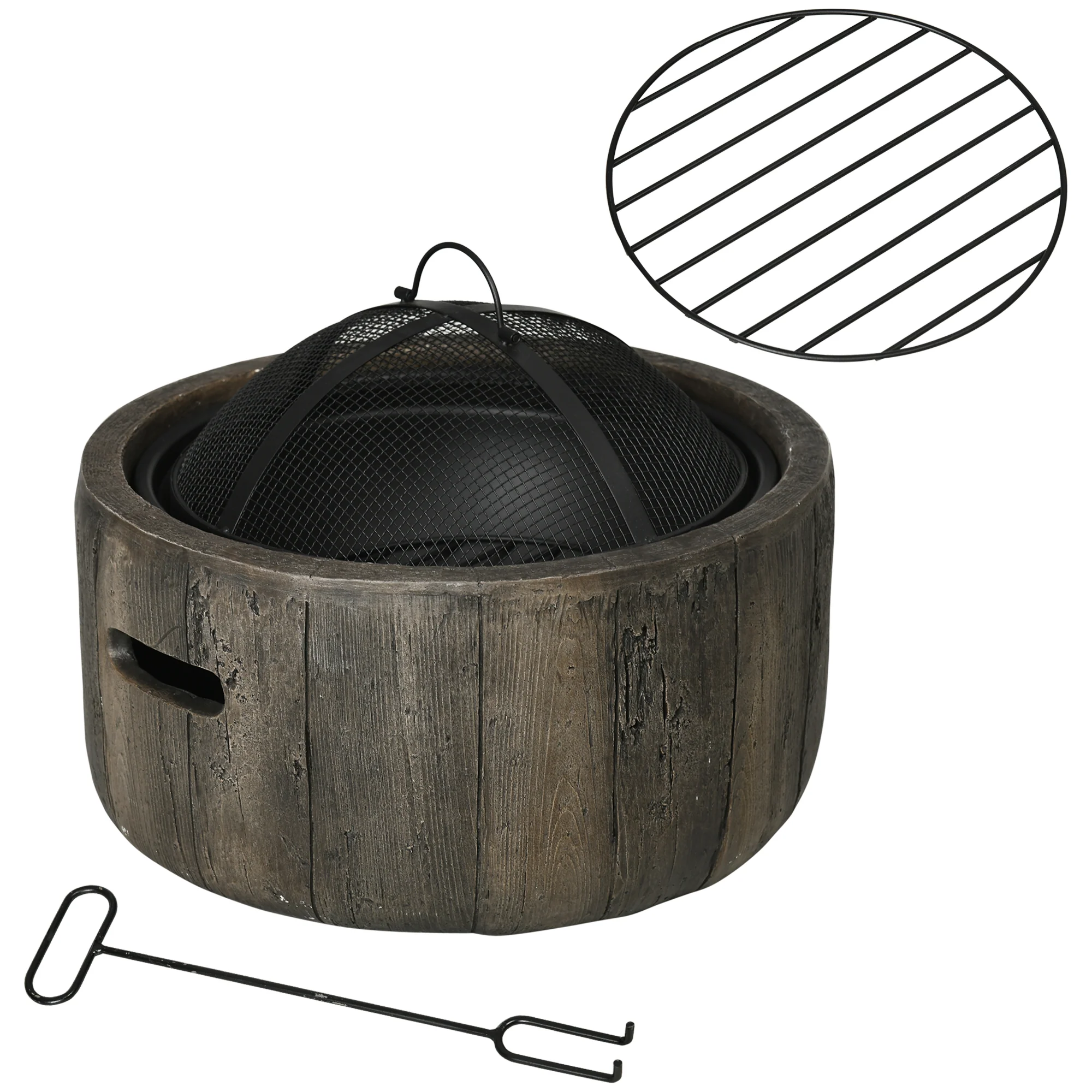18 Inch Metal Wood Burning Fire Pit with Spark Cover, Poker & Woodgrain Design, Dark Brown - Image 12