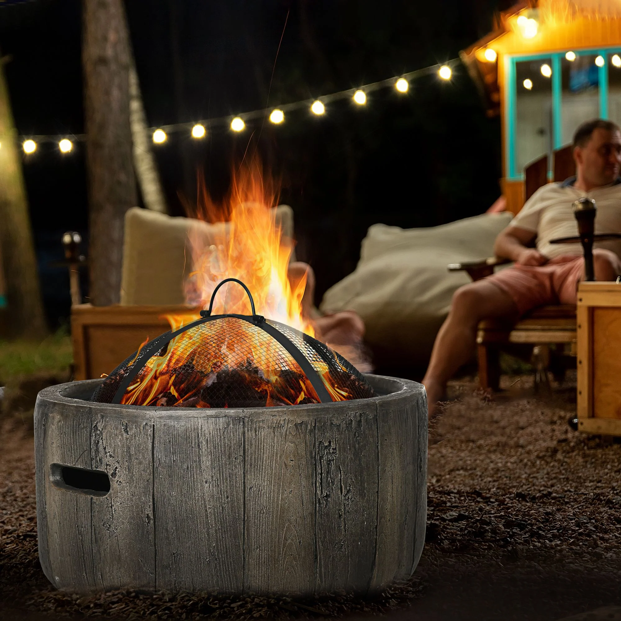 18 Inch Metal Wood Burning Fire Pit with Spark Cover, Poker & Woodgrain Design, Dark Brown - Image 3