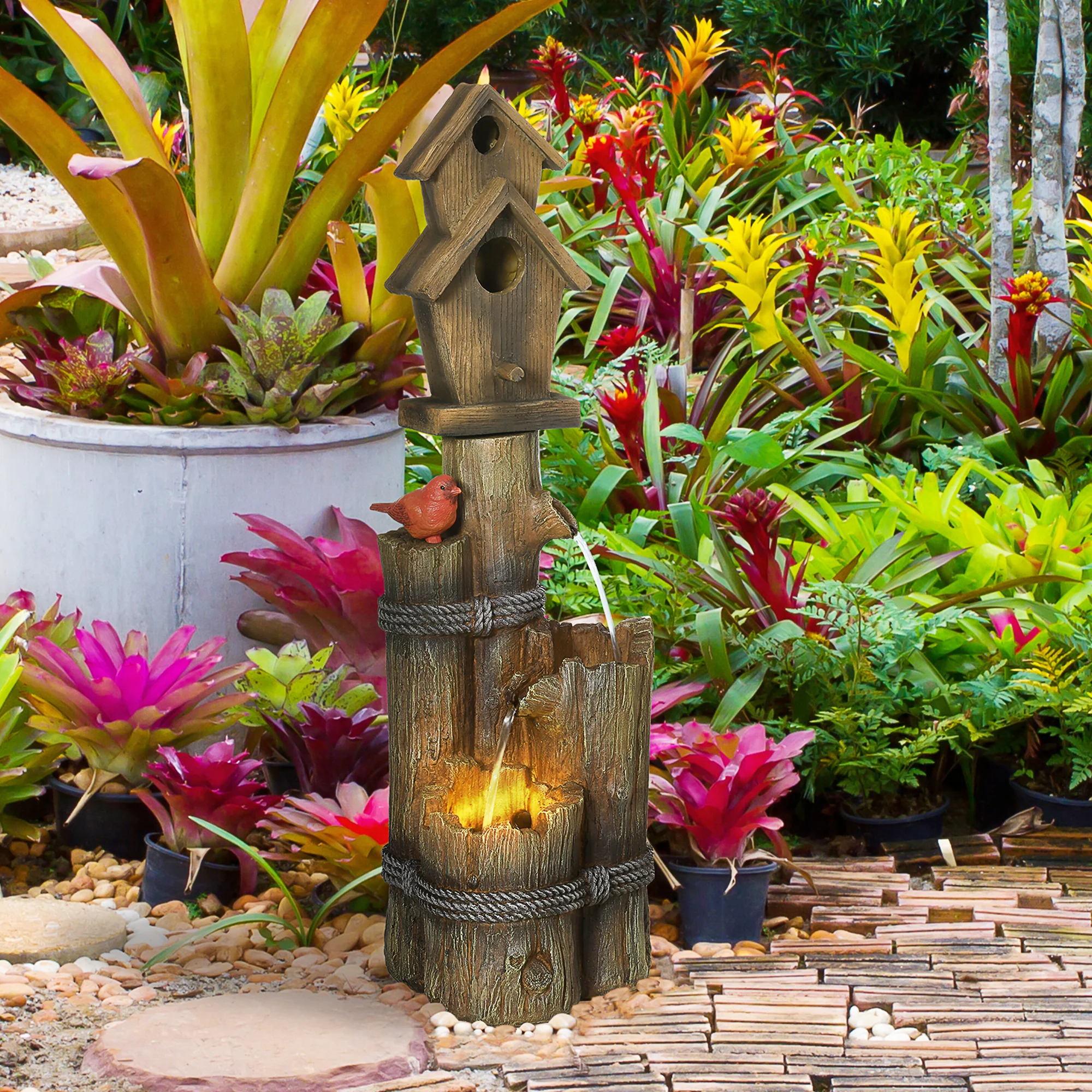 3-Tier Rustic Tree Trunk Fountain with Cascading Waterfall, LED Lights & Birdhouse in Brown - Image 3