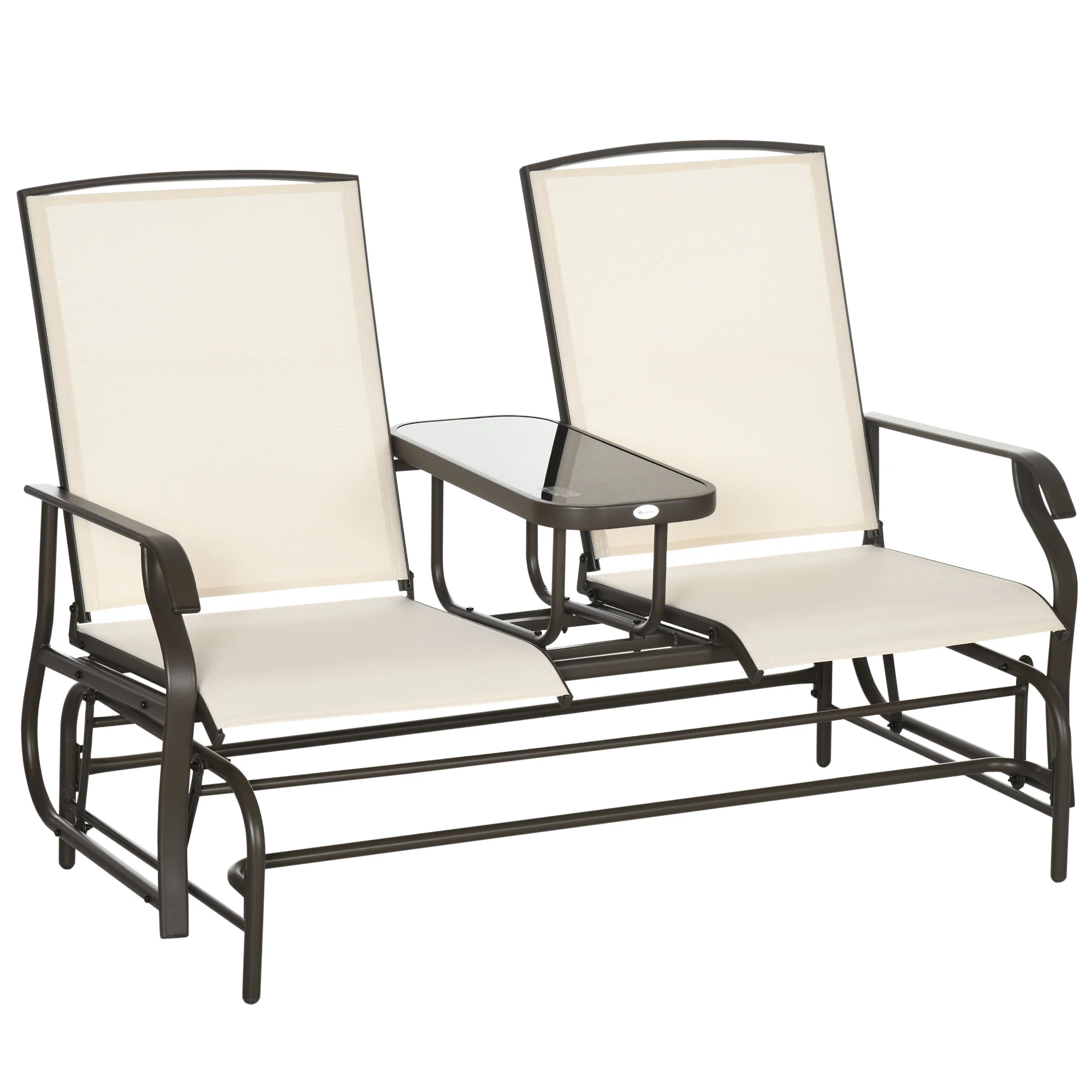 2-Seat Glider Bench with Center Table, Metal Frame, Breathable Mesh Fabric, Armrests, Beige
