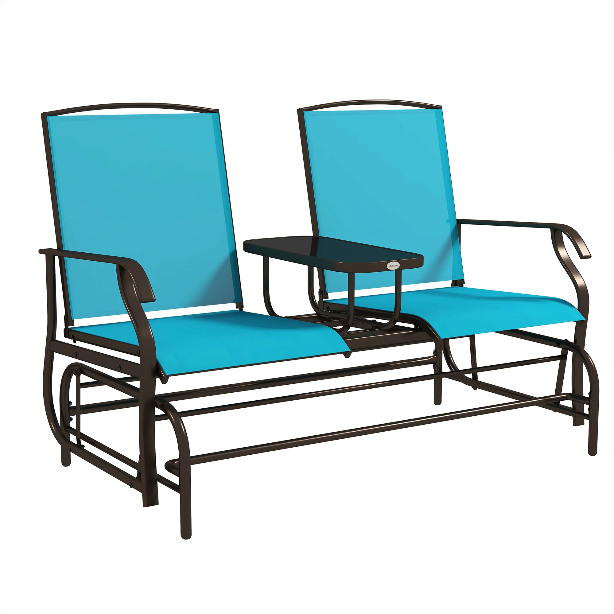 2-Seat Glider Bench with Center Table, Metal Frame, Breathable Mesh Fabric, Armrests, Blue