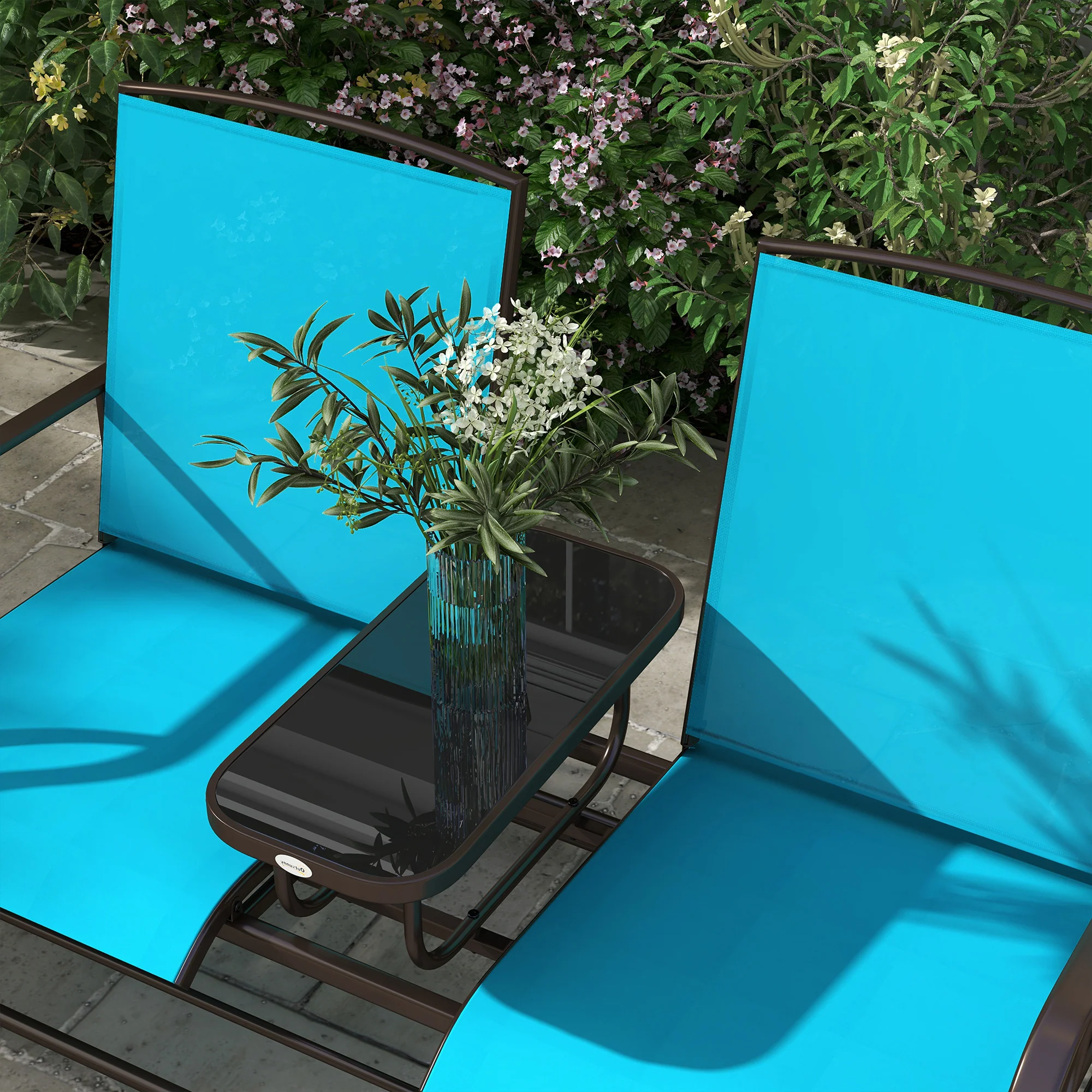 2-Seat Glider Bench with Center Table, Metal Frame, Breathable Mesh Fabric, Armrests, Blue - Image 9