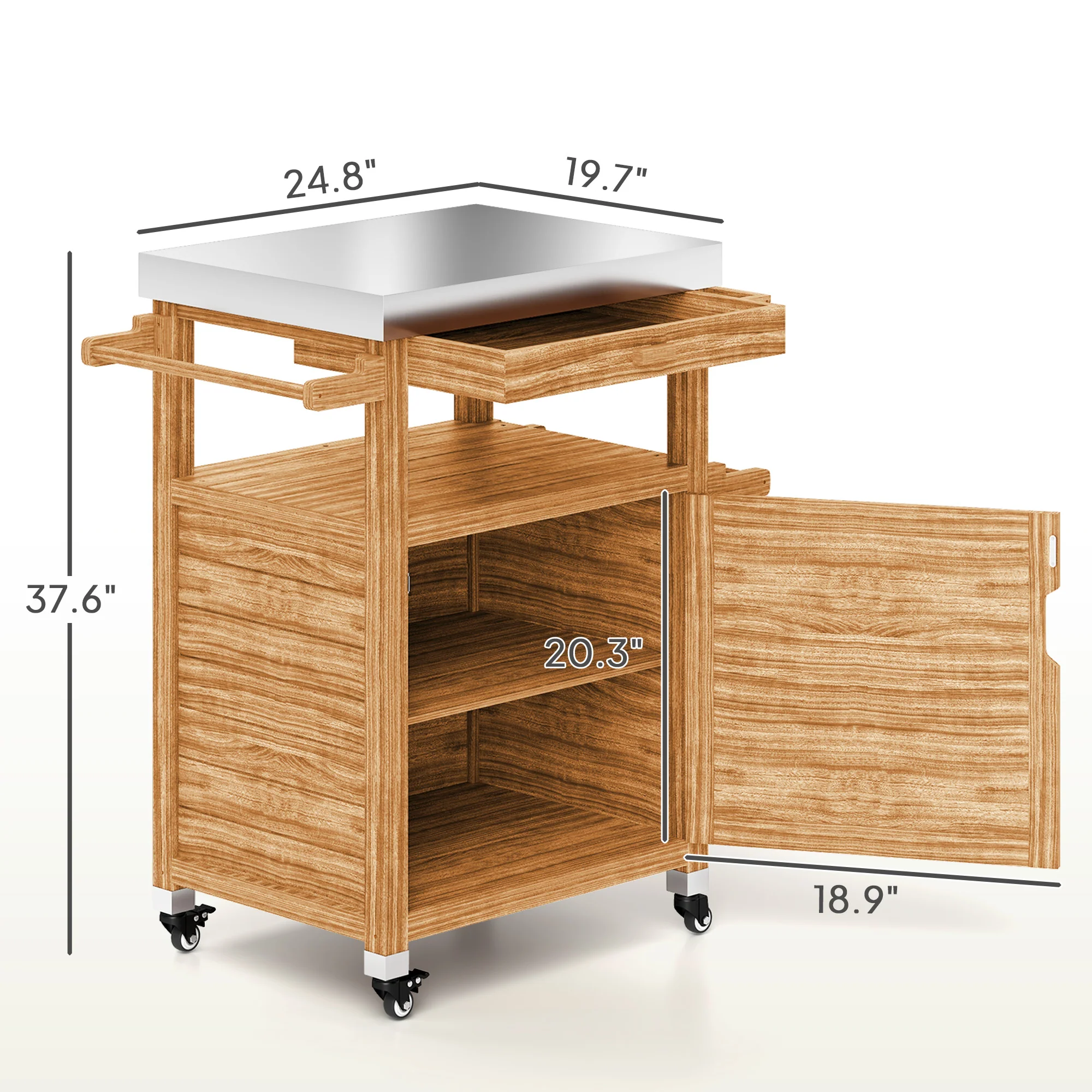 Outdoor Grill Cart with Stainless Steel Top, Wheels, Drawer, Side Handle, Brown - Image 5