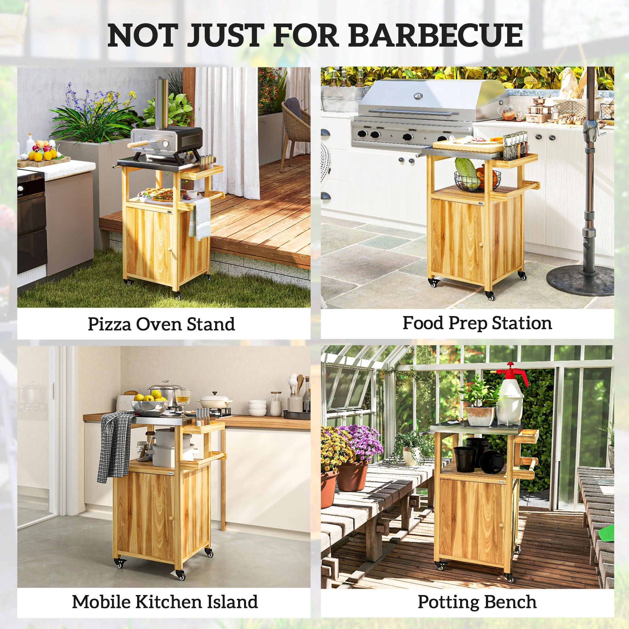 Solid Wood Grill Cart with Stainless Steel Top, Wheels & Integrated Hole, Natural Wood - Image 9