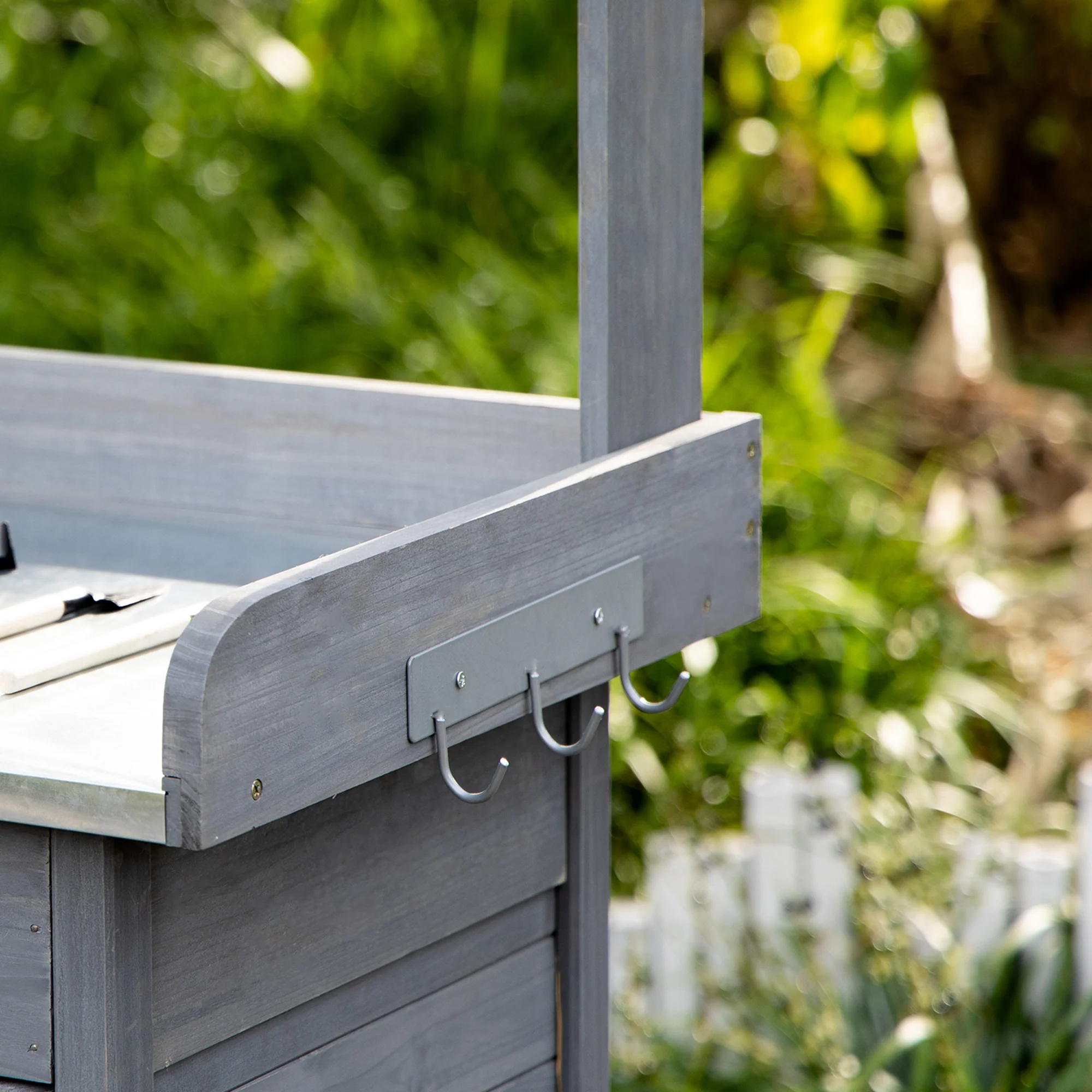 Outdoor Potting Bench Table with Storage Drawer & Cabinet, Steel Tabletop, Hooks, Gray - Image 10