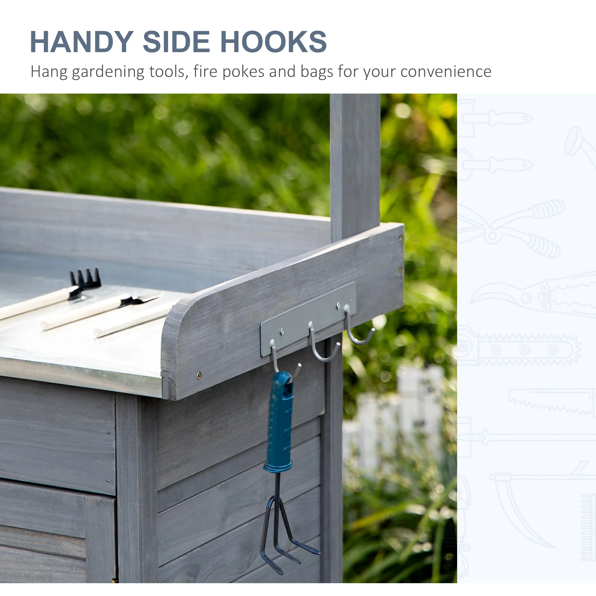Outdoor Potting Bench Table with Storage Drawer & Cabinet, Steel Tabletop, Hooks, Gray - Image 8