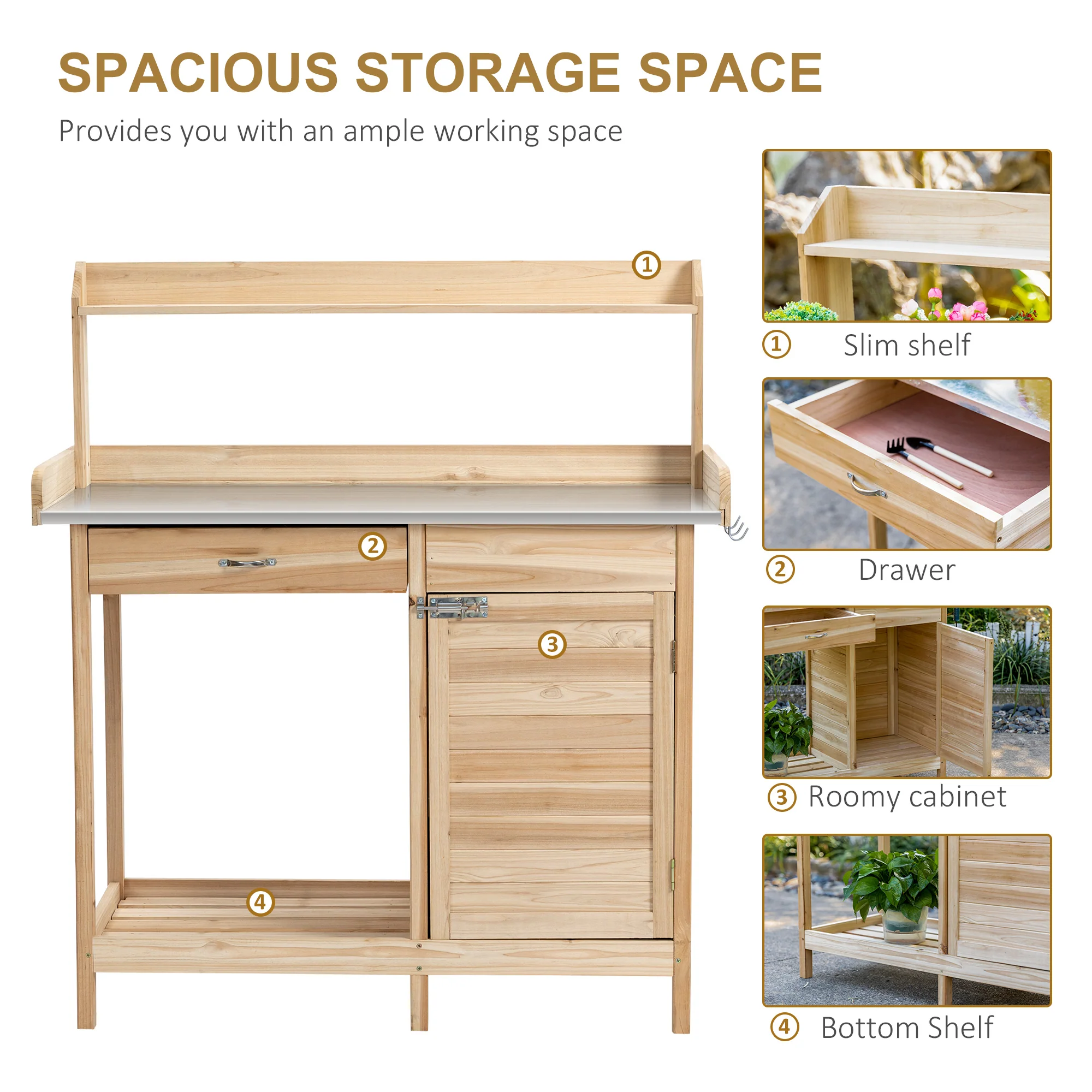 Outdoor Potting Bench Table with Storage Drawer & Cabinet, Steel Tabletop, Hooks, Natural - Image 7