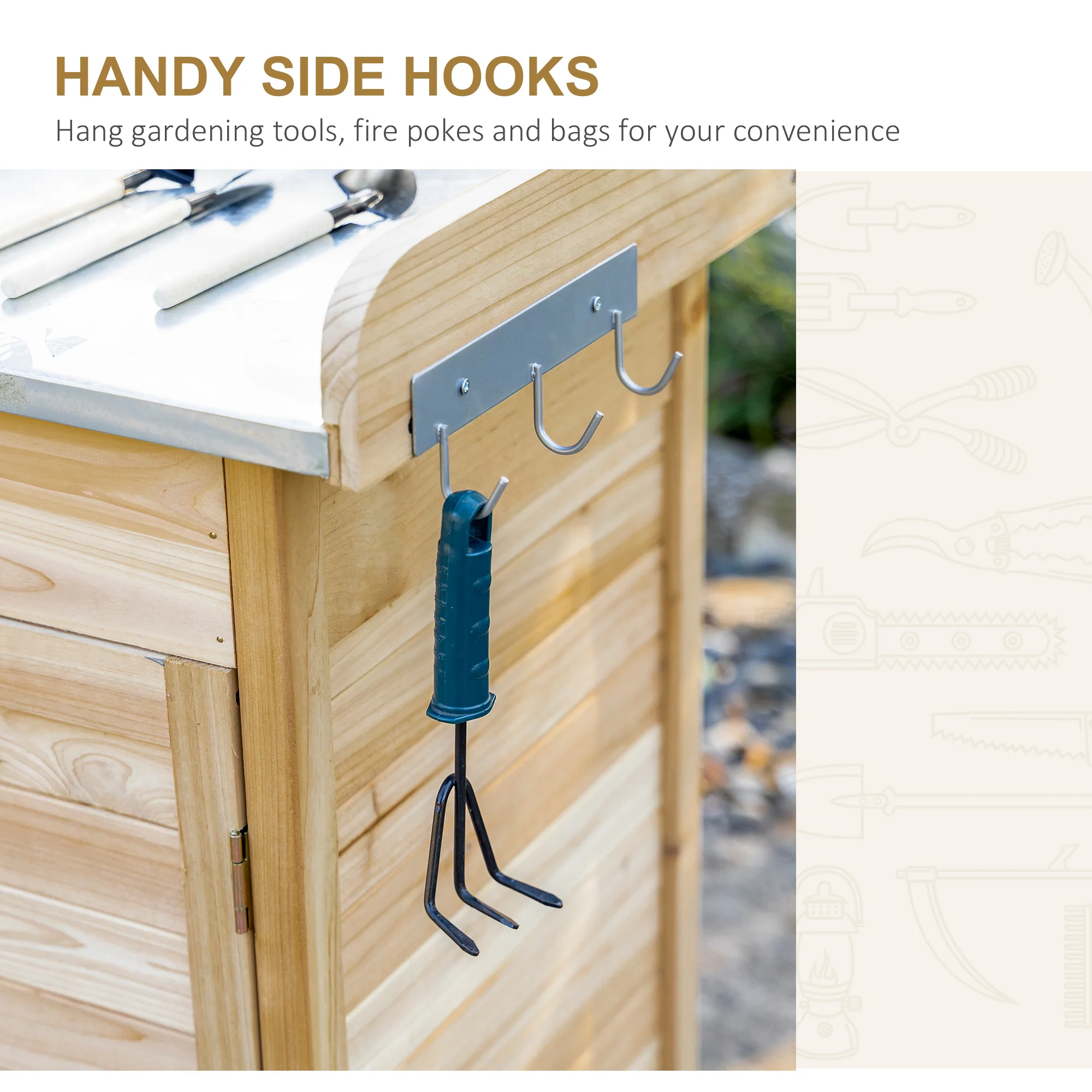 Outdoor Potting Bench Table with Storage Drawer & Cabinet, Steel Tabletop, Hooks, Natural - Image 8