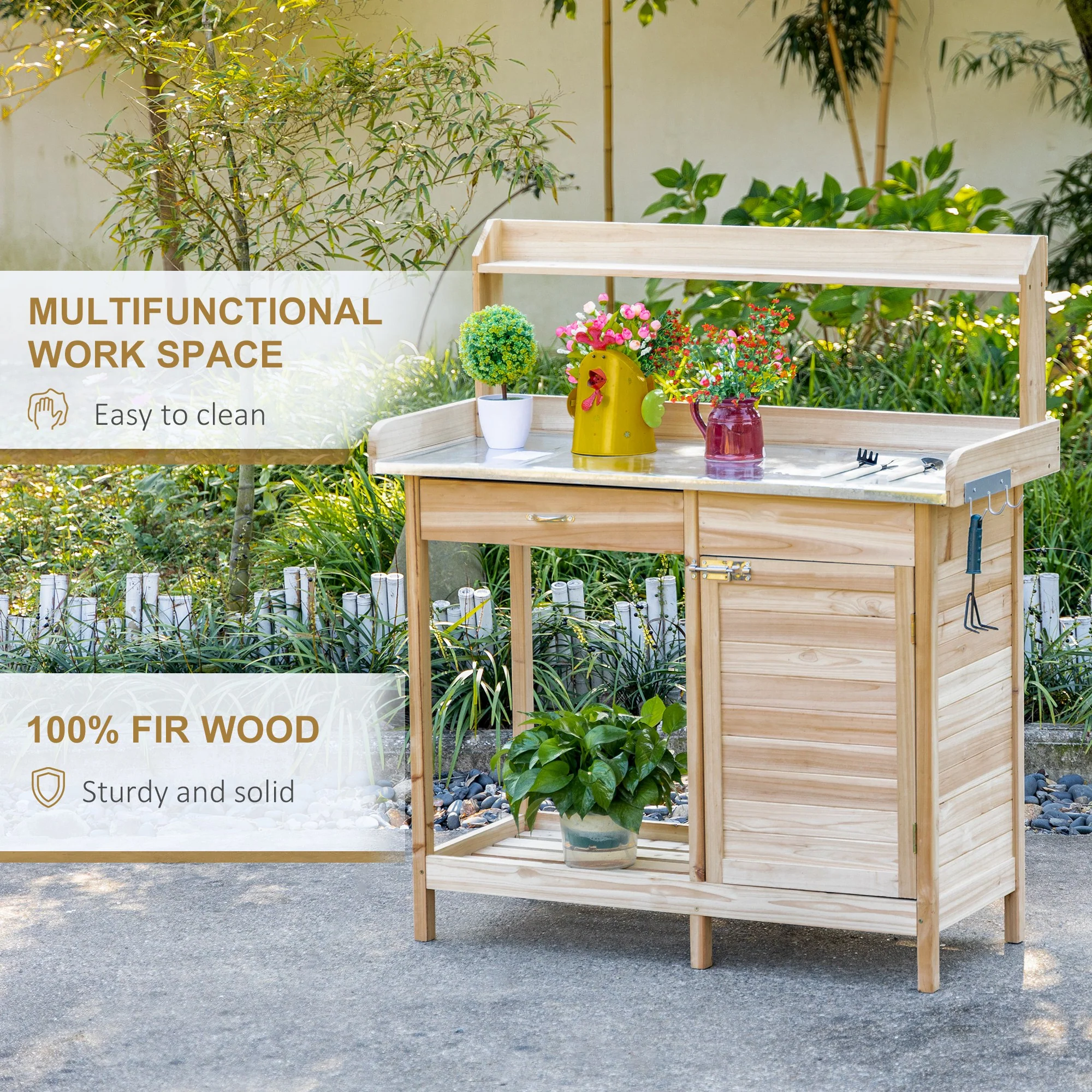 Outdoor Potting Bench Table with Storage Drawer & Cabinet, Steel Tabletop, Hooks, Natural - Image 9