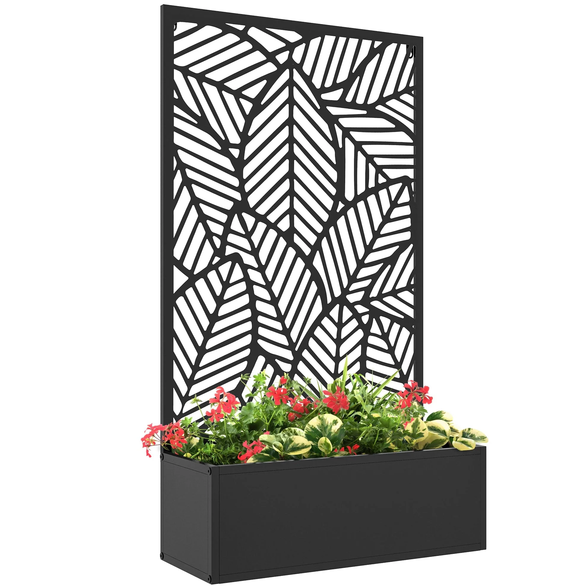 Outdoor Privacy Screen with Planter Box, Metal Privacy Panel, and Raised Garden Bed, Wall-Mounted or Freestanding for Garden, Patio, Pool, Hot Tub, Black