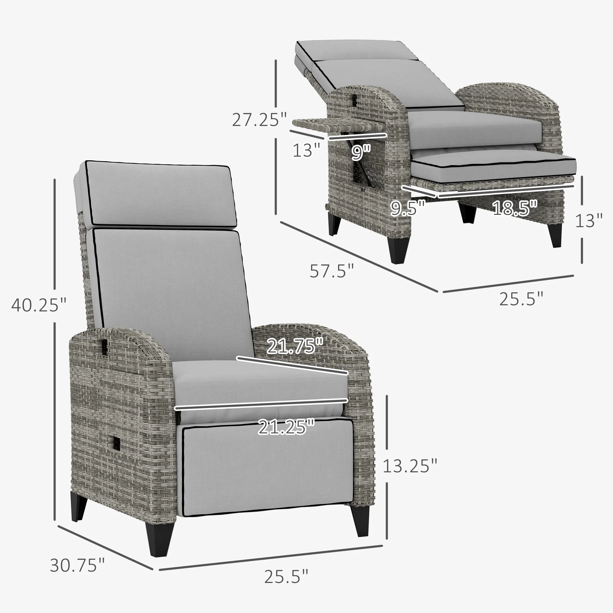 Reclining Garden Chairs with Cushions, Adjustable Footrest, Side Tray Table, Gray - Image 5