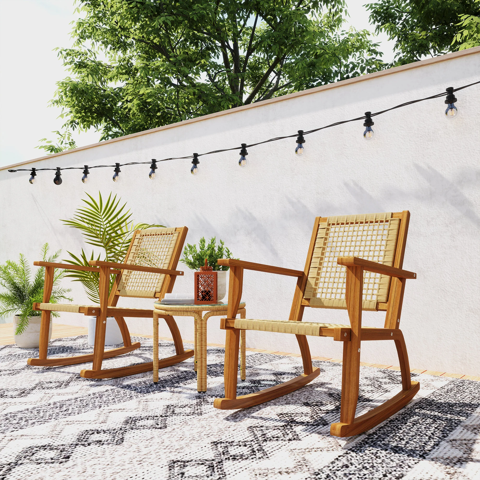 Acacia Wood Porch Rocking Chair Set of 2,  Rattan Wicker Back and Seat, Khaki - Image 10