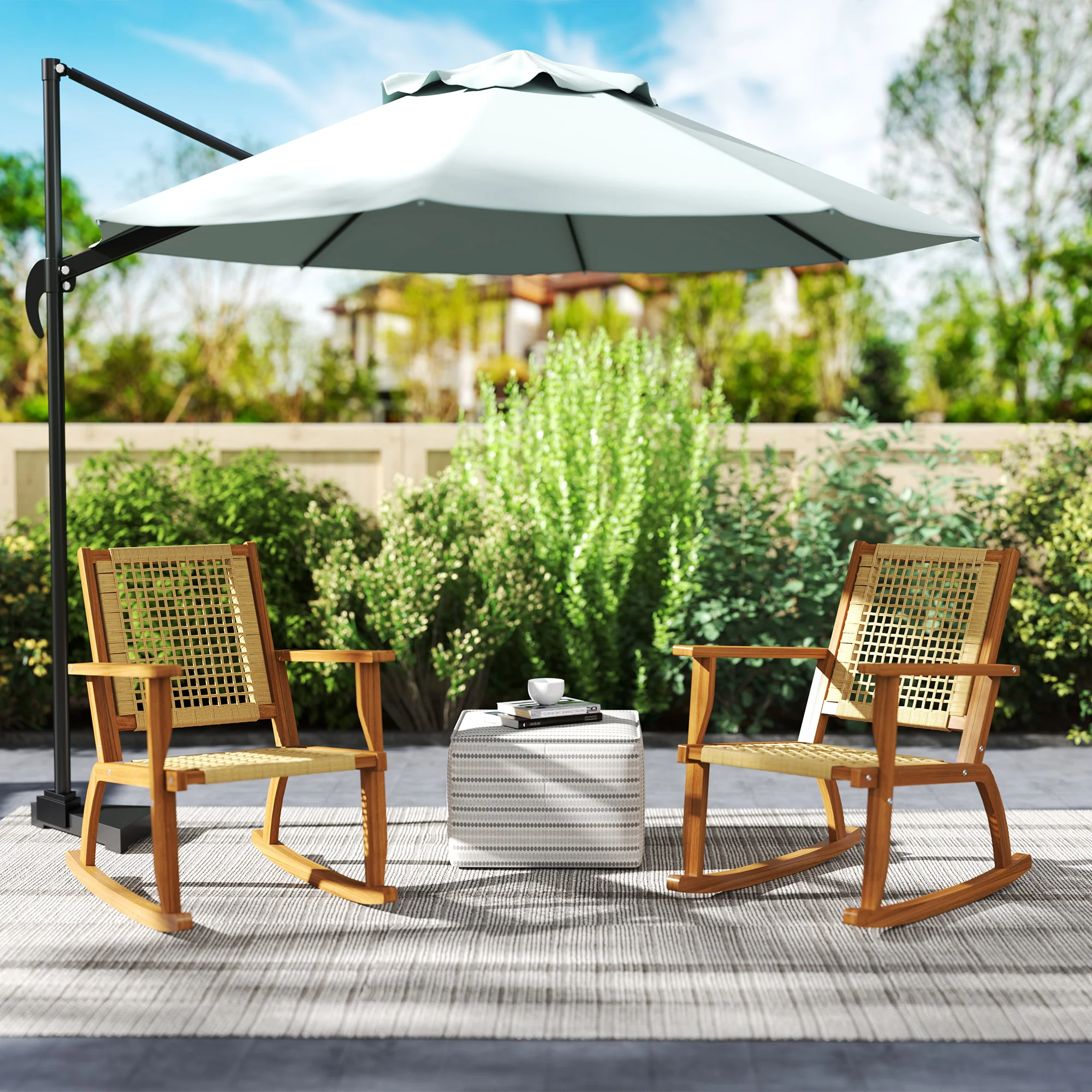 Acacia Wood Porch Rocking Chair Set of 2,  Rattan Wicker Back and Seat, Khaki - Image 11