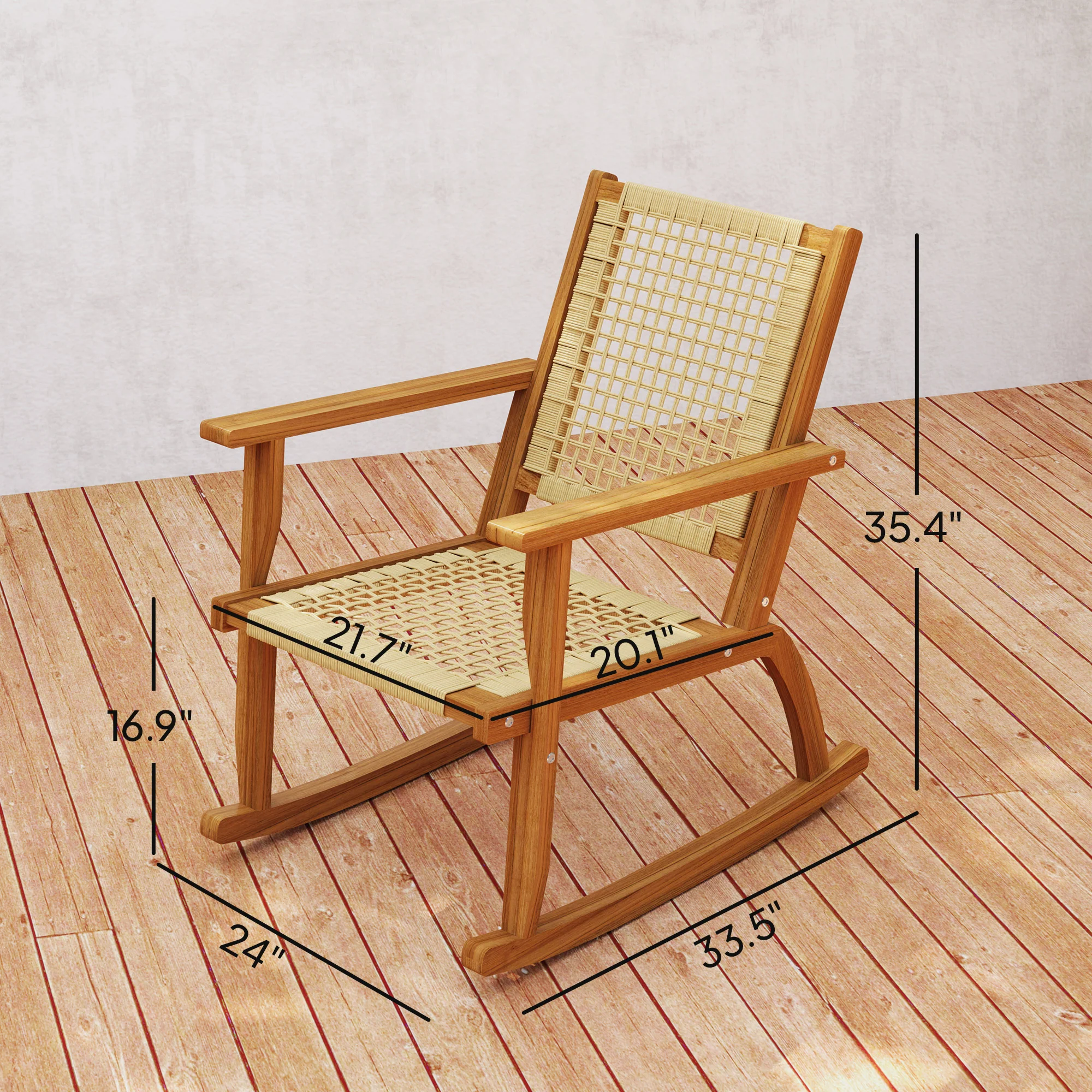 Acacia Wood Porch Rocking Chair Set of 2,  Rattan Wicker Back and Seat, Khaki - Image 5