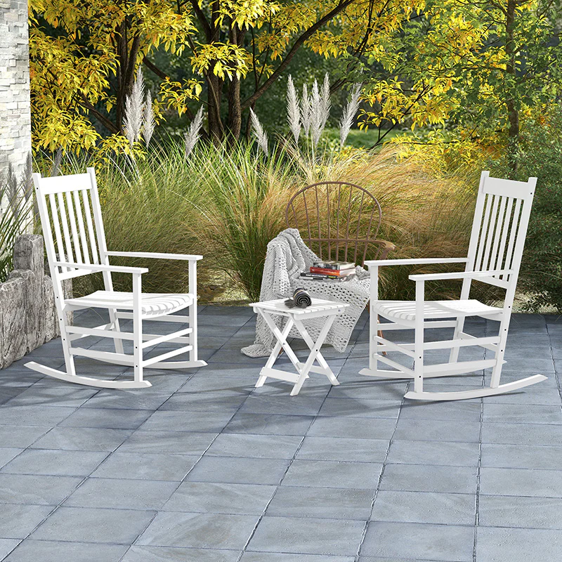 2-Piece Patio Rocking Chair Set, Wooden with Smooth Armrests, High Back, Supports 352 lbs, White - Image 3