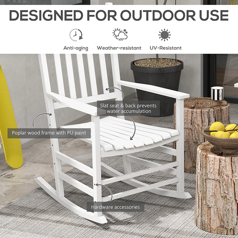 2-Piece Patio Rocking Chair Set, Wooden with Smooth Armrests, High Back, Supports 352 lbs, White - Image 6