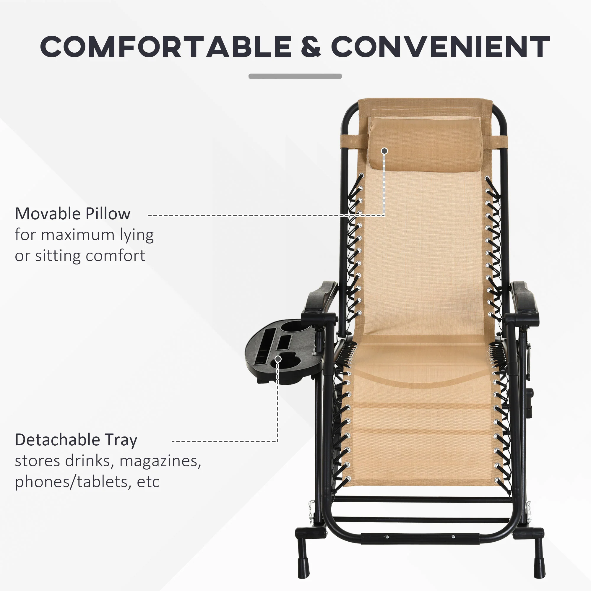 Foldable Reclining Zero Gravity Rocker, Pillow, Cup & Phone Holder, Beige - Image 7