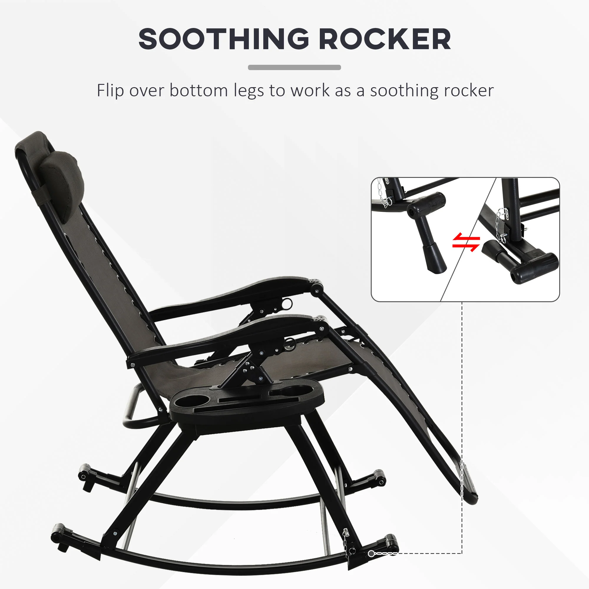Foldable Reclining Zero Gravity Rocker, Pillow, Cup & Phone Holder, Gray - Image 10