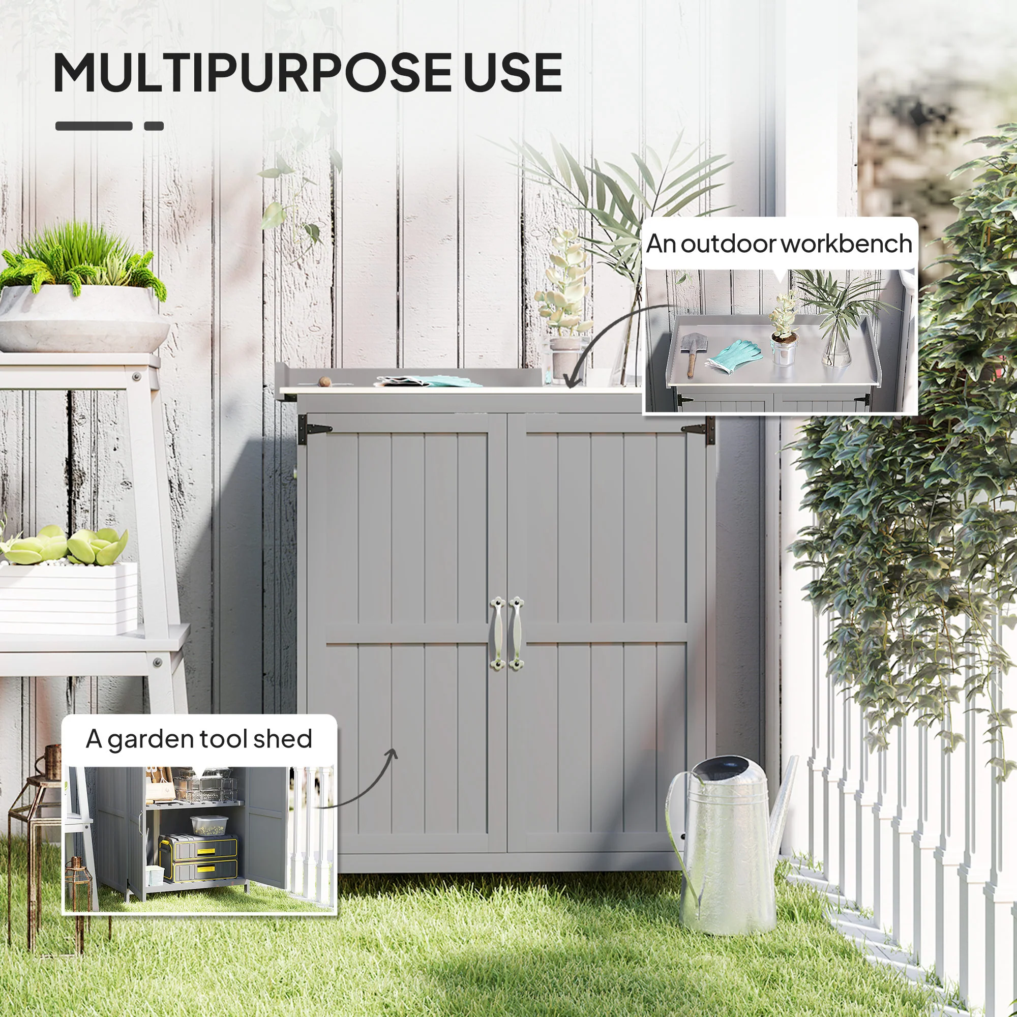 Outdoor Storage Cabinet with Metal Tabletop, Shelf, Garden Potting Table w/2 Doors, Gray - Image 6