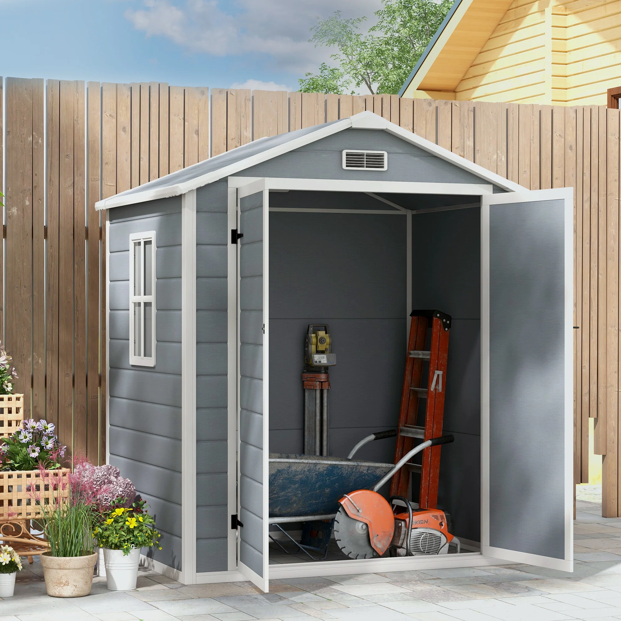 6' x 4.5' Plastic Outdoor Storage Shed with Window, Lockable Doors and Vents, Gray - Image 3