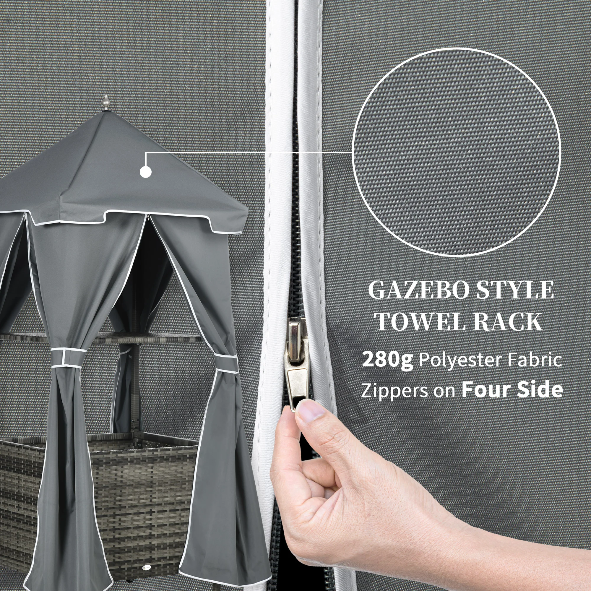 Outdoor Towel Valet Caddy on Wheels, Covered Poolside Towel Holder Rack, Shelf, Basket, Gray - Image 8