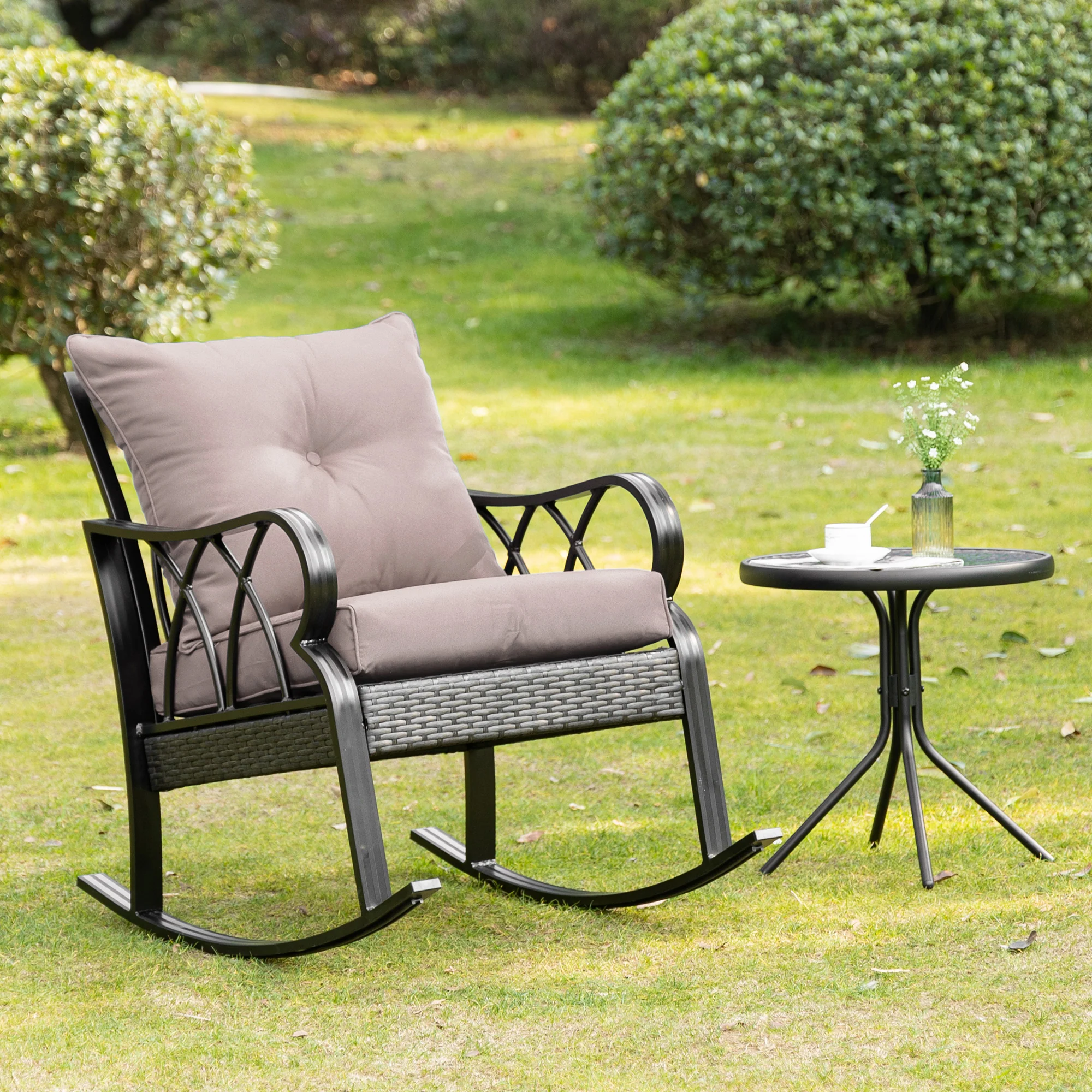 Patio Wicker Rocking Chairs with Removable Cushions, Outdoor Rattan Rockers, Gray - Image 9