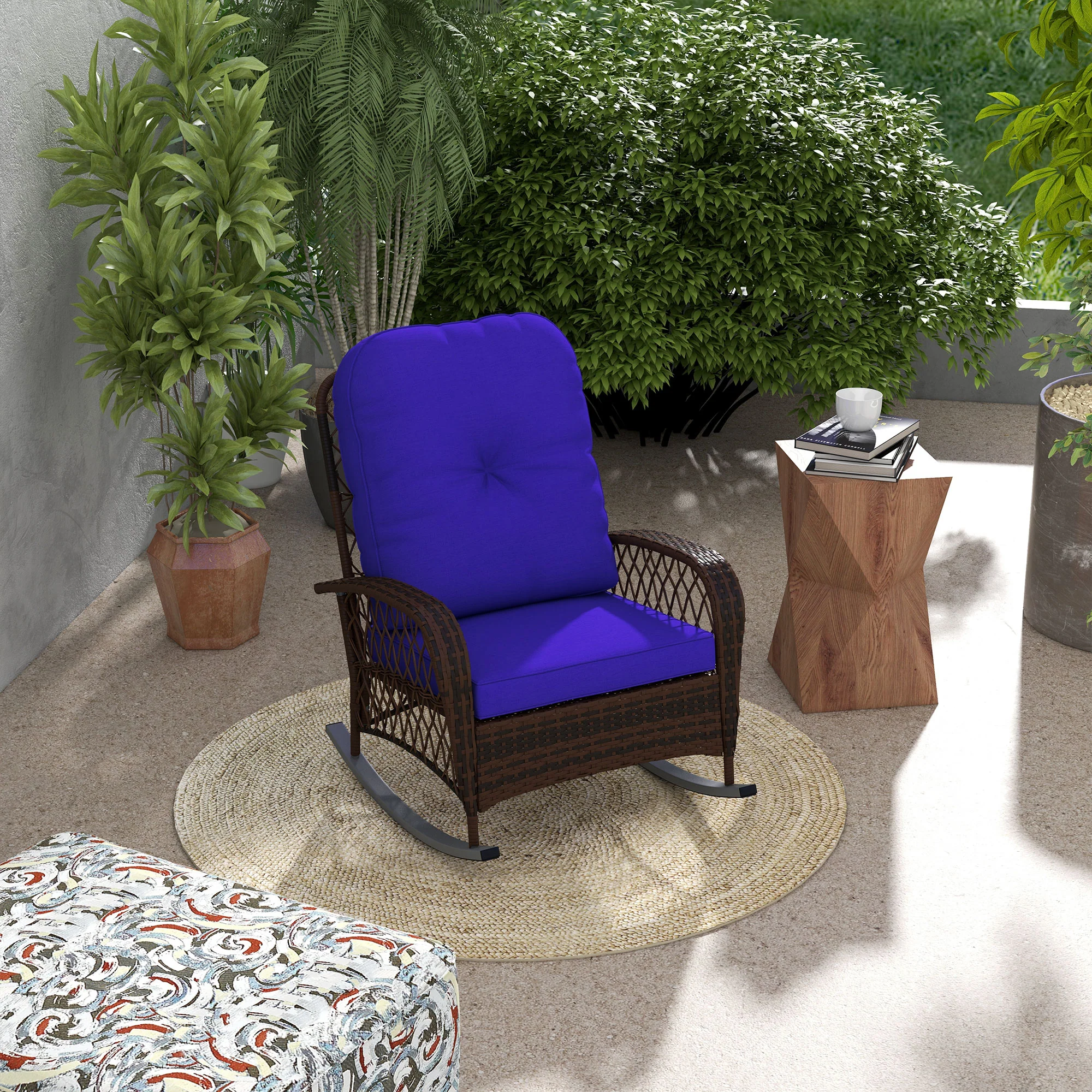 Rattan Rocking Chair with Thickened Cushion, Outdoor Rocker for Patio, Garden, Dark Blue - Image 3