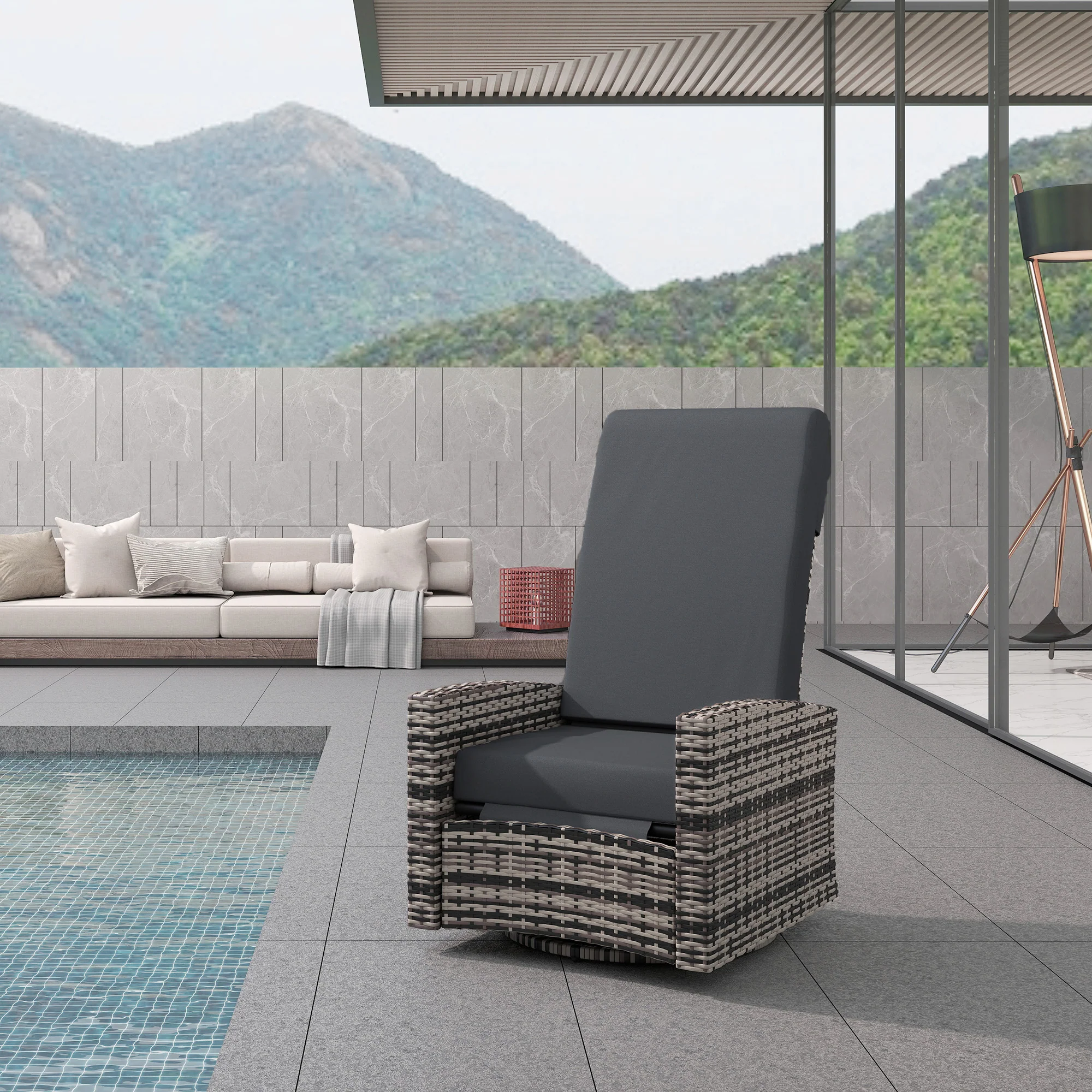 Wicker Swivel Reclining Garden Chair with Lifting Footrest, Water-Resistant Cushions, Gray - Image 10