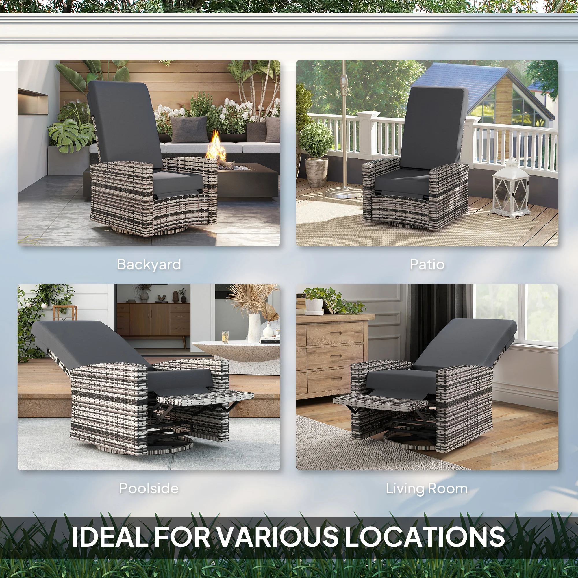 Wicker Swivel Reclining Garden Chair with Lifting Footrest, Water-Resistant Cushions, Gray - Image 9
