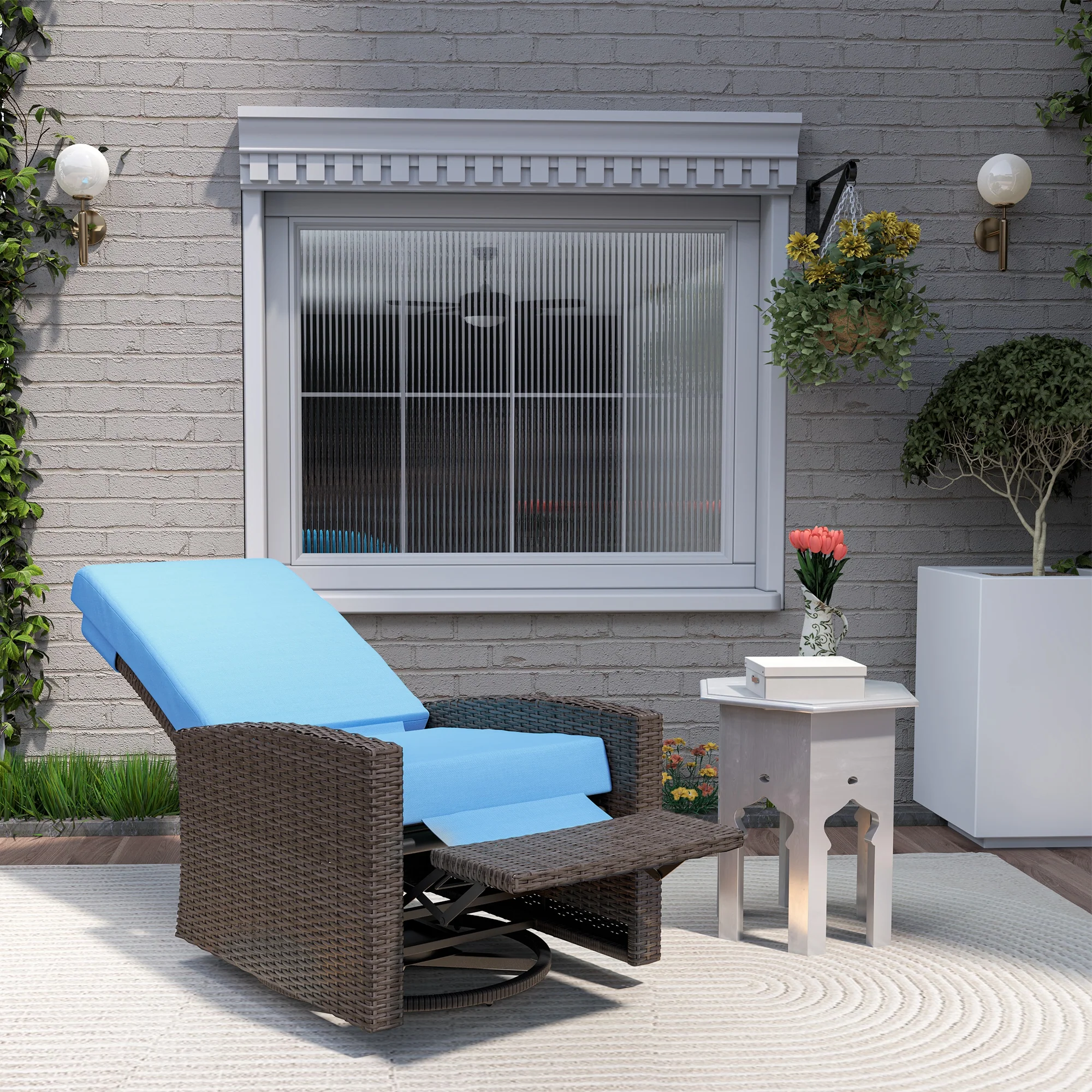 Wicker Swivel Reclining Garden Chair with Lifting Footrest, Water-Resistant Cushions, Sky Blue - Image 11