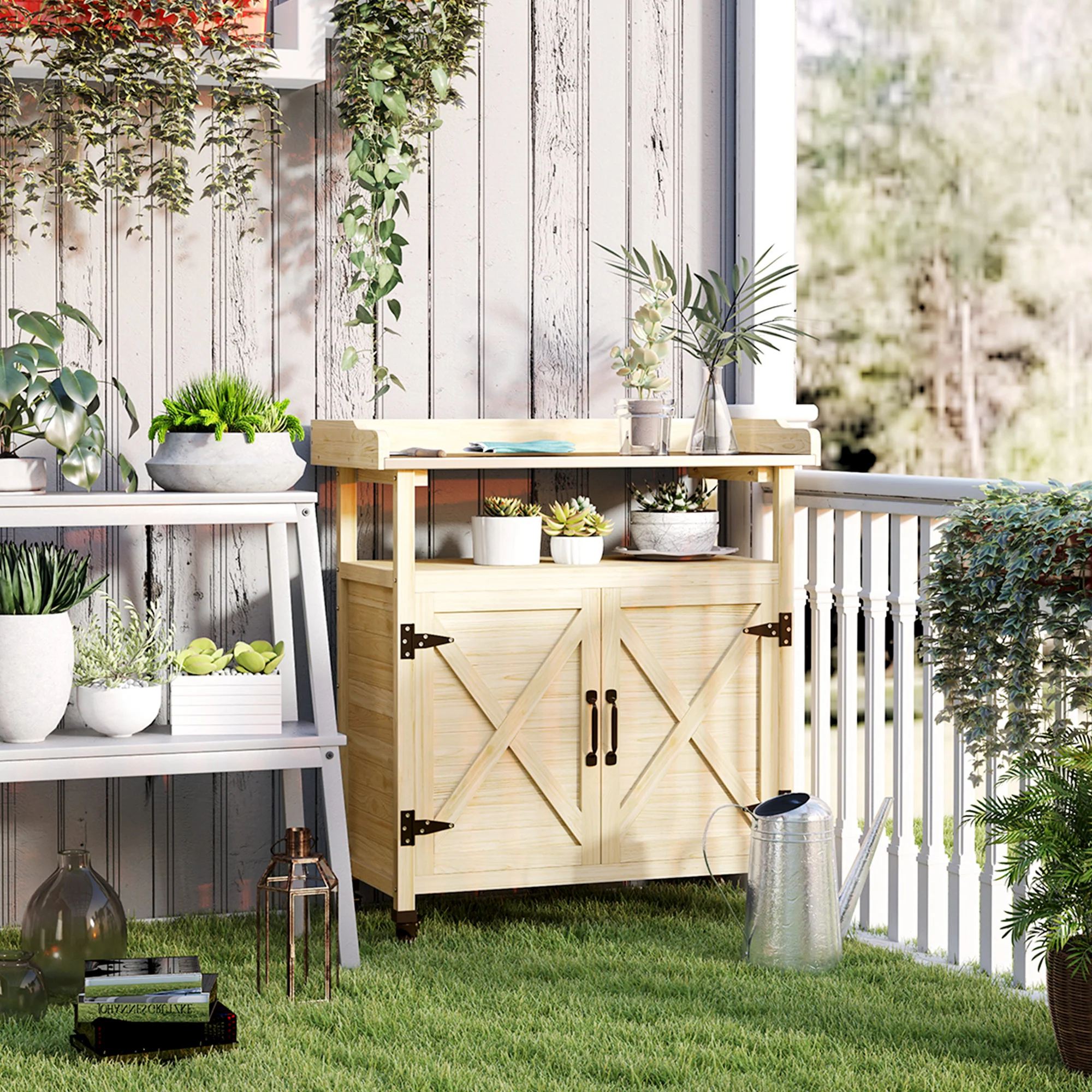 Wooden Potting Bench w/Sink and Water Tap,Storage Cabinet & Drawer Shelves, Natural Wood - Image 4