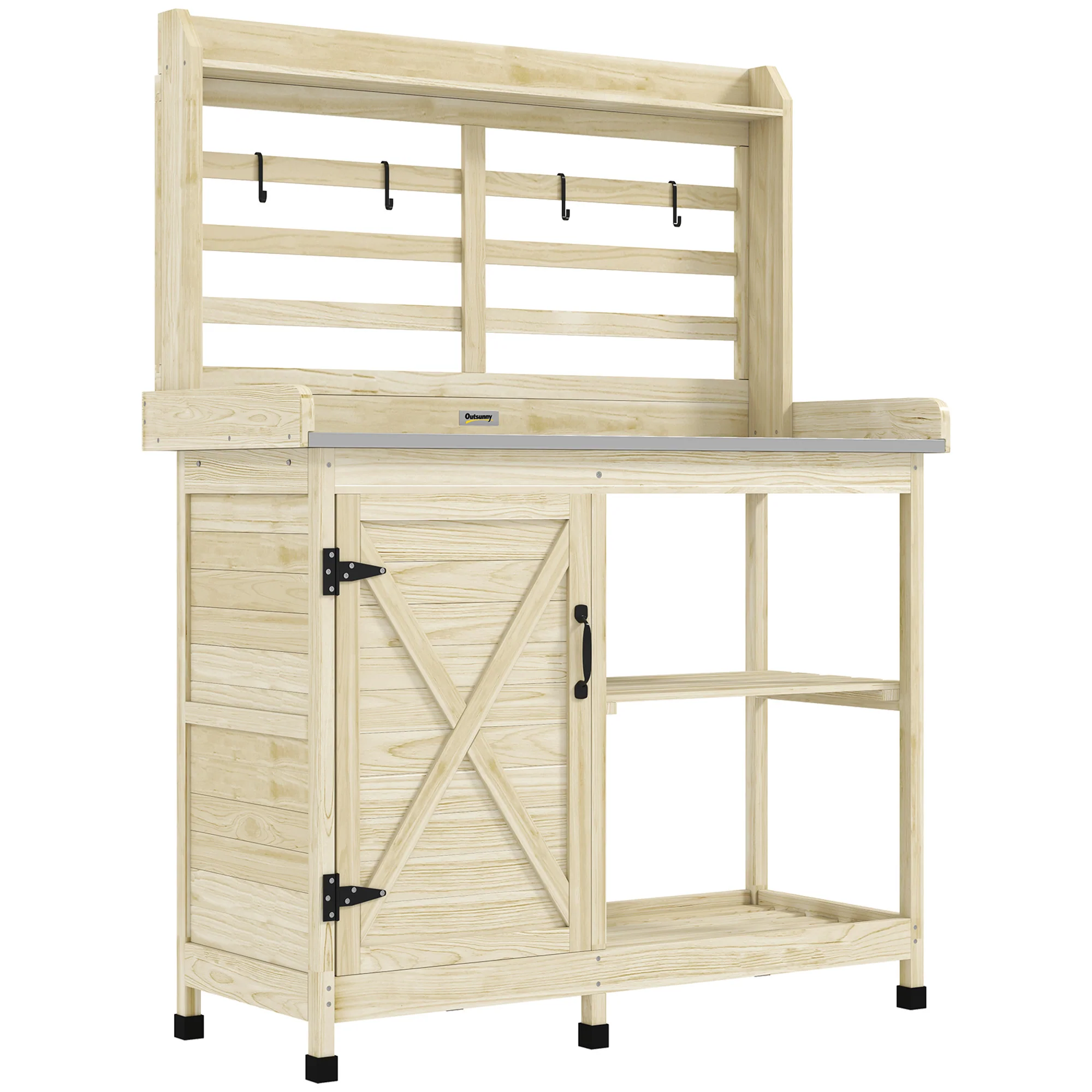 Wooden Potting Bench with Storage Cabinet & Shelves, for Backyard, Garden, Natural - Image 12
