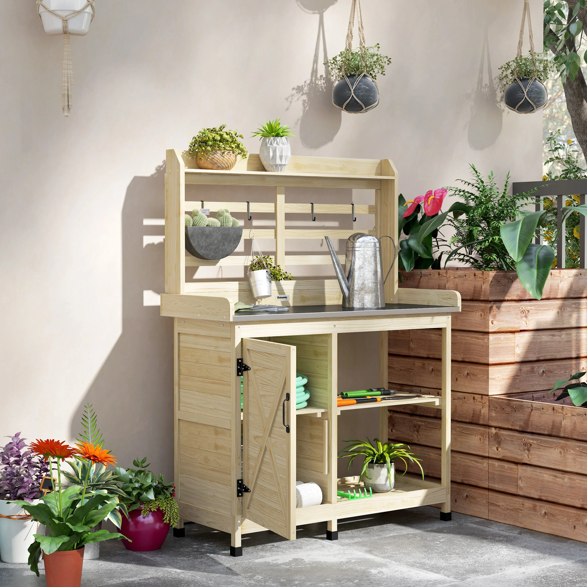 Wooden Potting Bench with Storage Cabinet & Shelves, for Backyard, Garden, Natural - Image 3