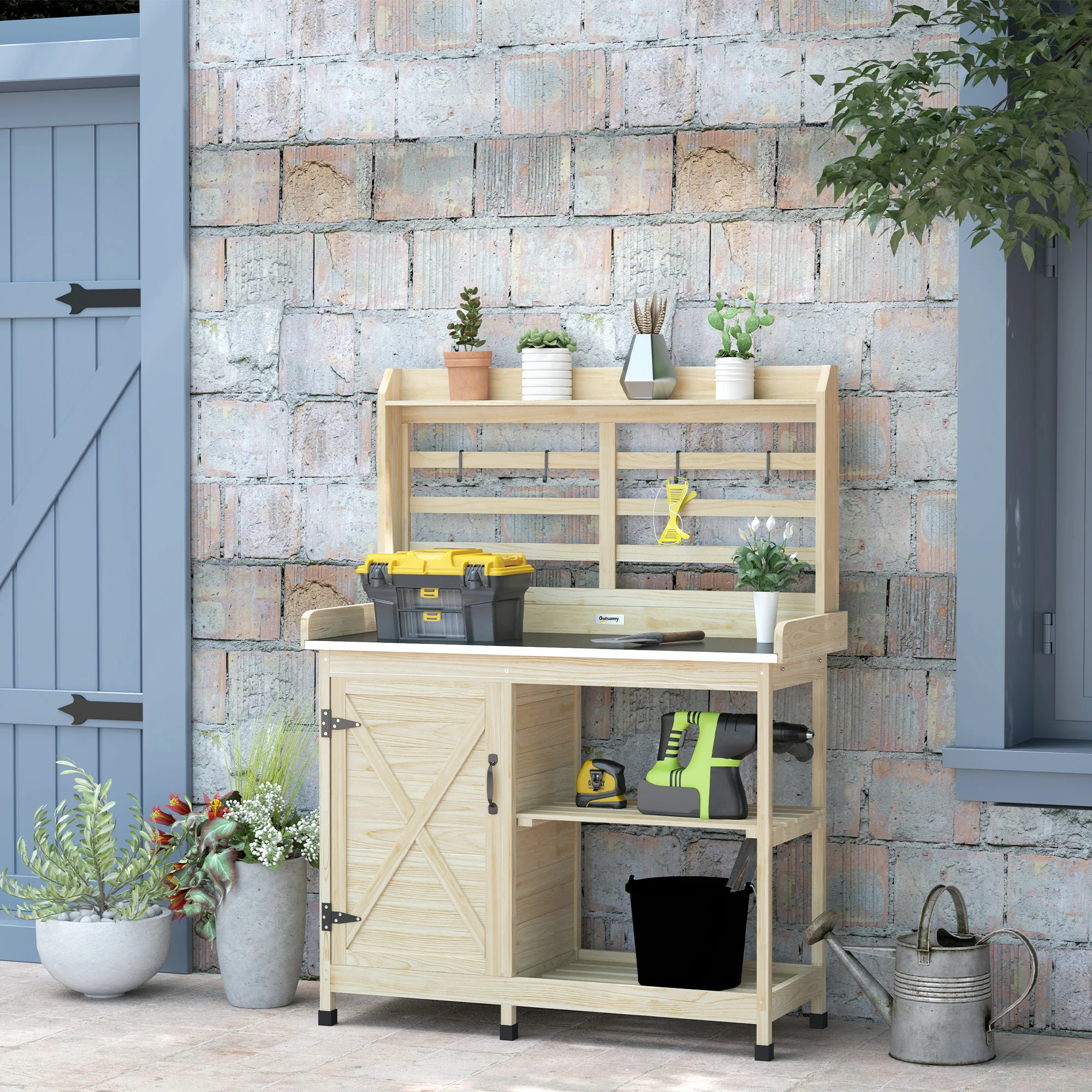 Wooden Potting Bench with Storage Cabinet & Shelves, for Backyard, Garden, Natural - Image 4