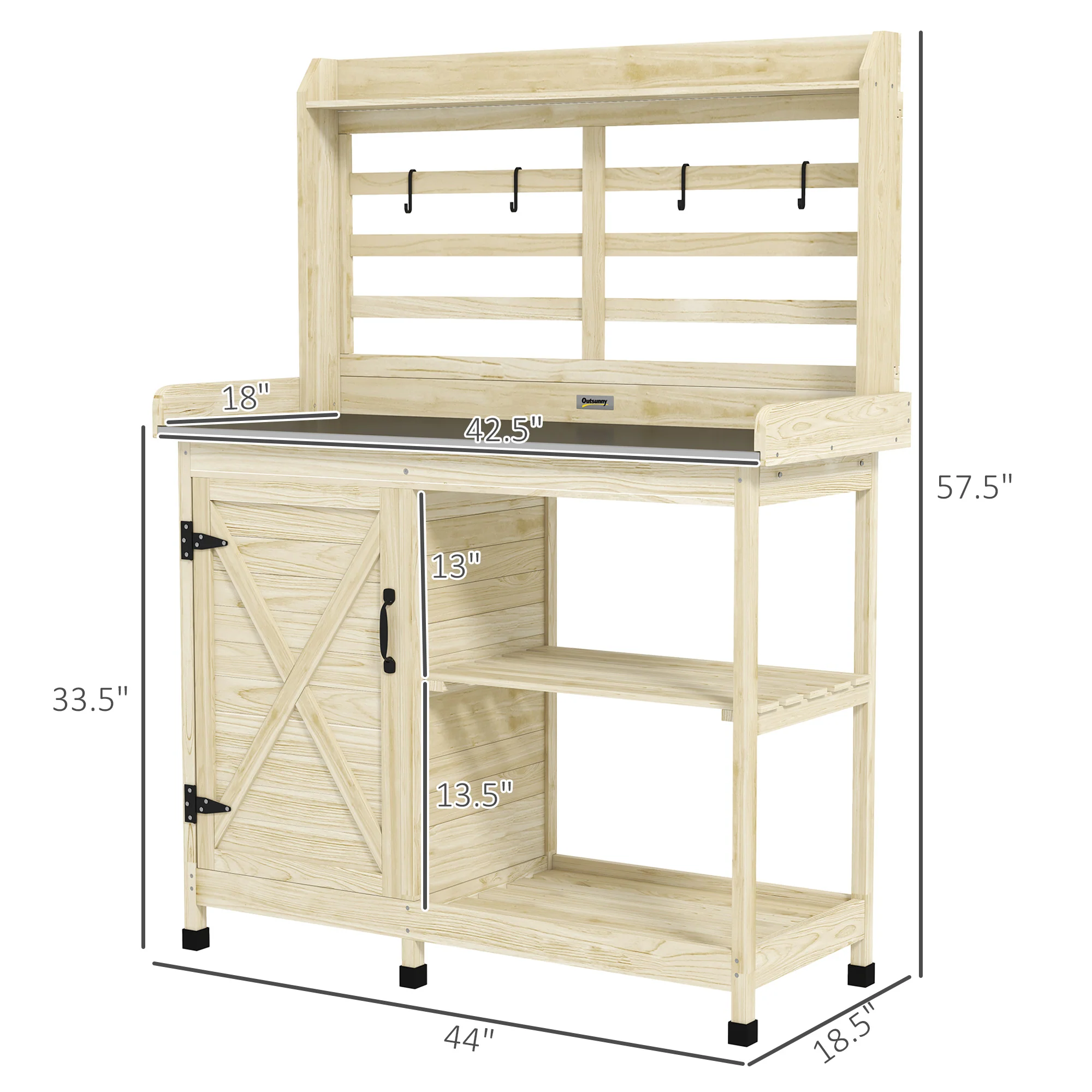 Wooden Potting Bench with Storage Cabinet & Shelves, for Backyard, Garden, Natural - Image 5