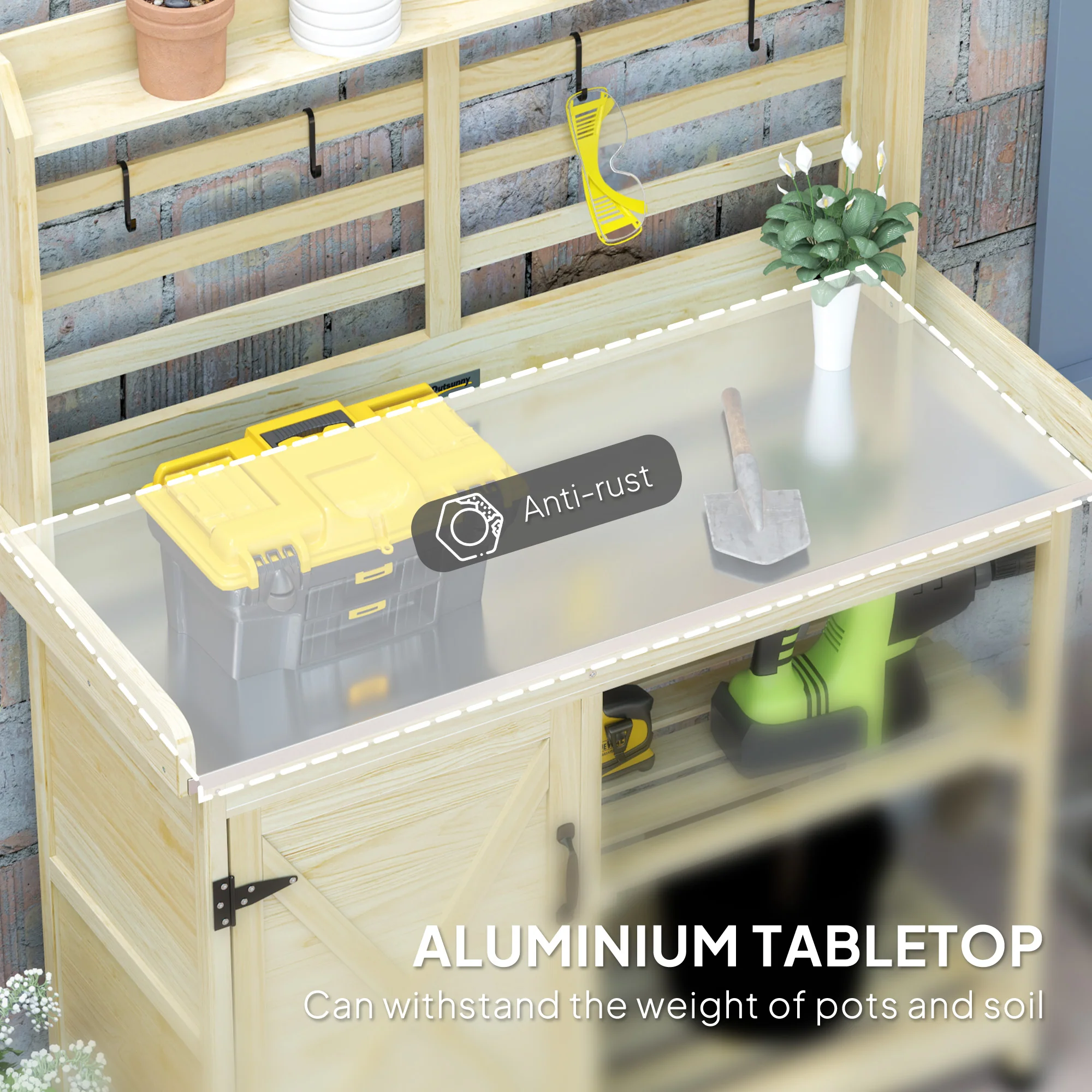 Wooden Potting Bench with Storage Cabinet & Shelves, for Backyard, Garden, Natural - Image 6