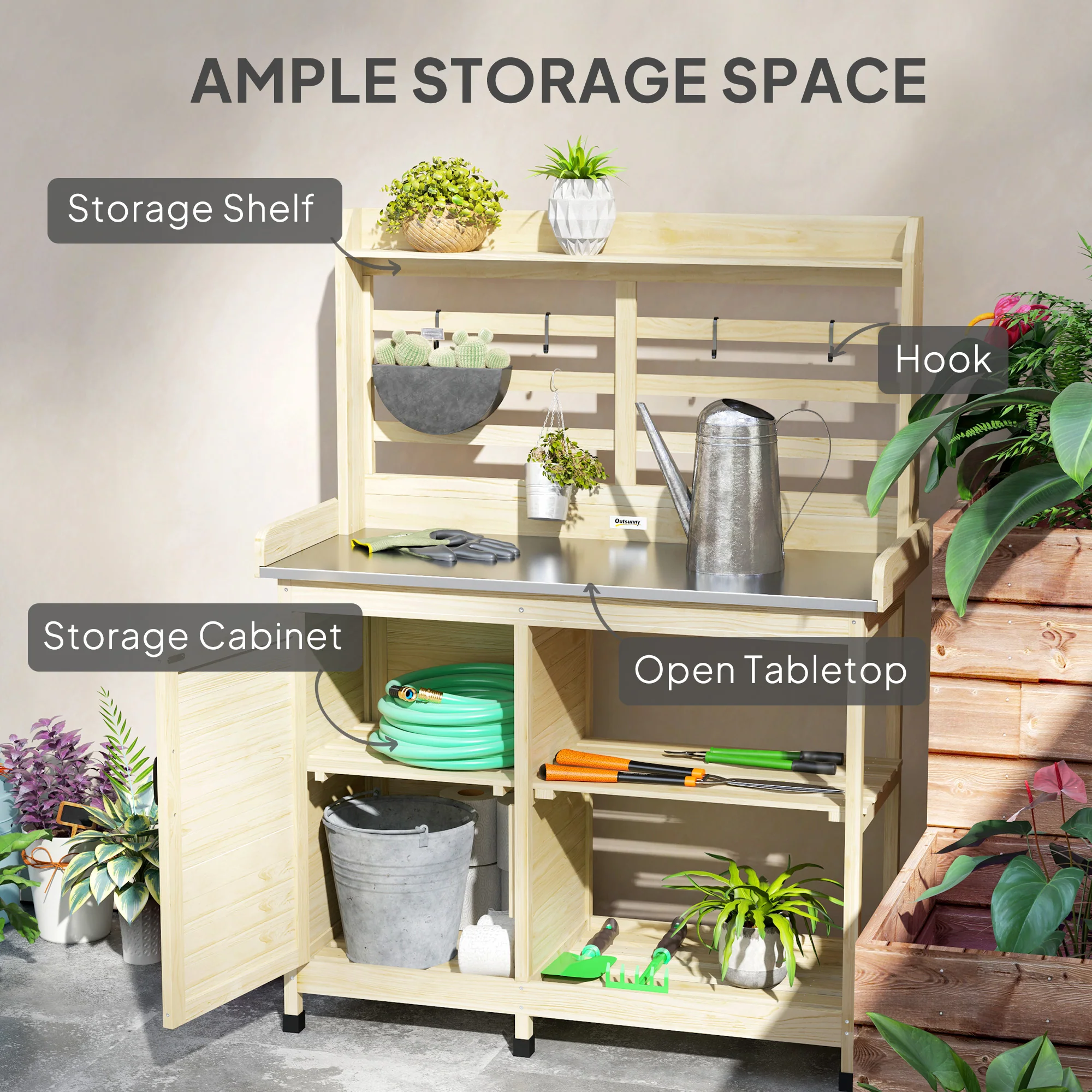 Wooden Potting Bench with Storage Cabinet & Shelves, for Backyard, Garden, Natural - Image 7