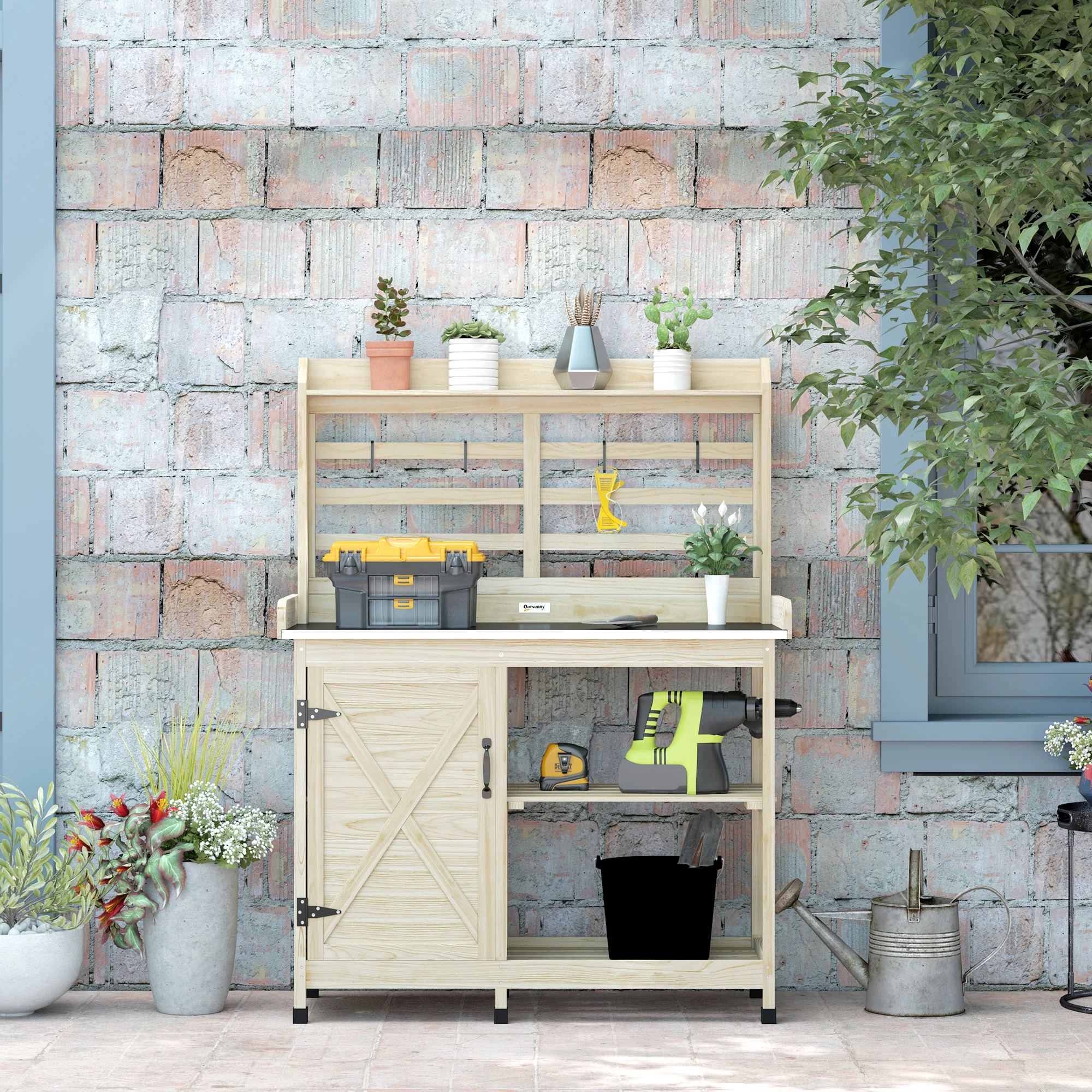 Wooden Potting Bench with Storage Cabinet & Shelves, for Backyard, Garden, Natural - Image 9