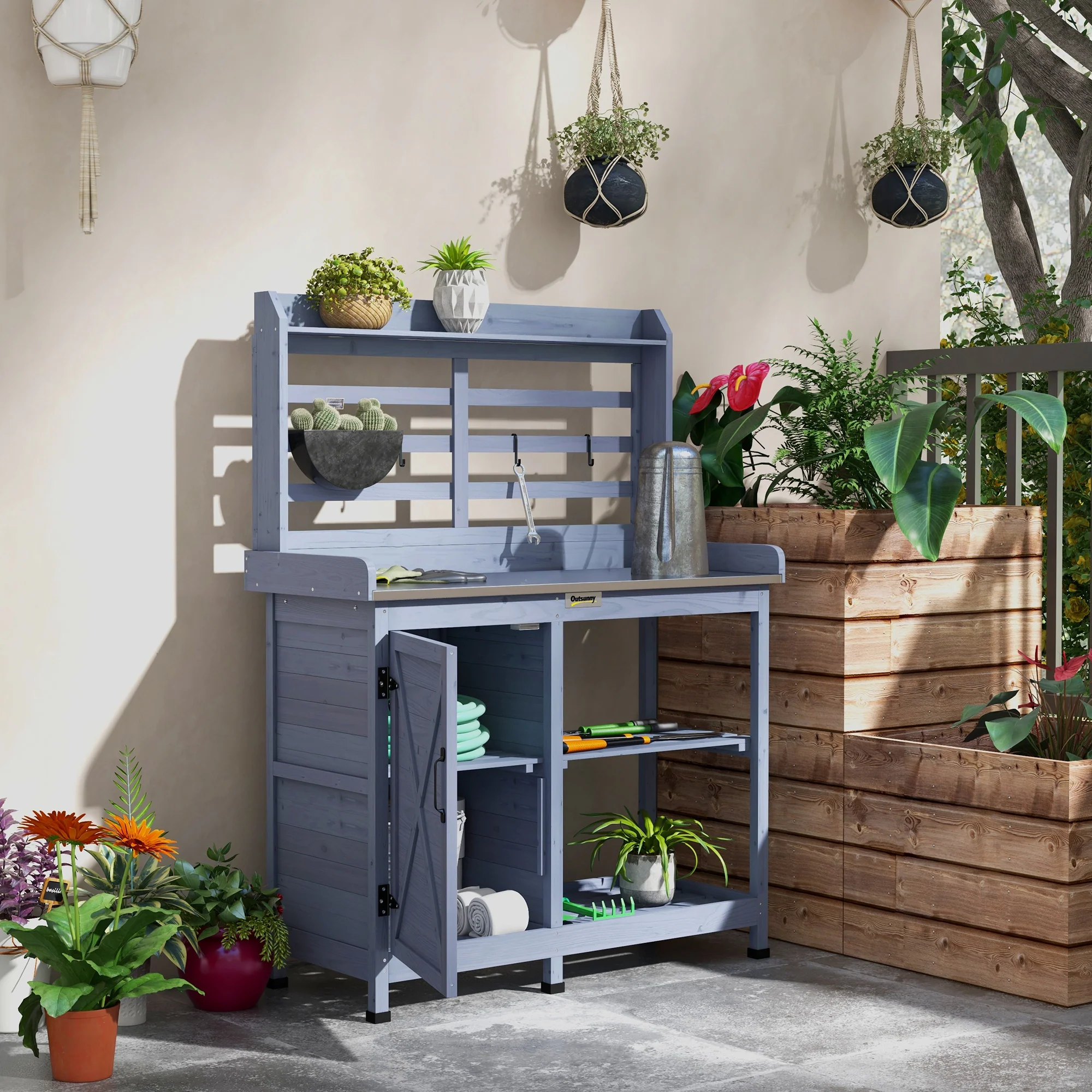 Wooden Potting Bench with Storage Cabinet & Shelves, for Backyard, Garden, Gray - Image 3