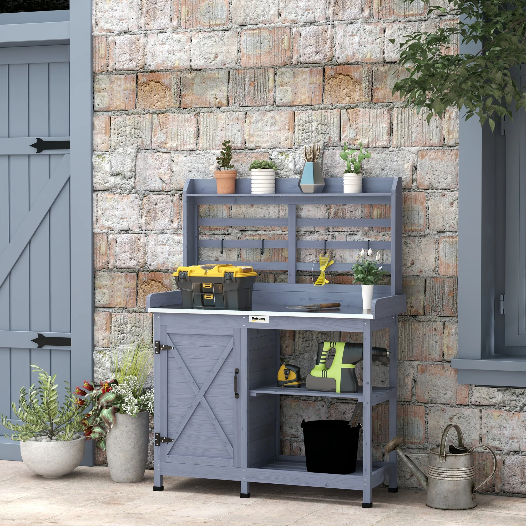 Wooden Potting Bench with Storage Cabinet & Shelves, for Backyard, Garden, Gray - Image 4