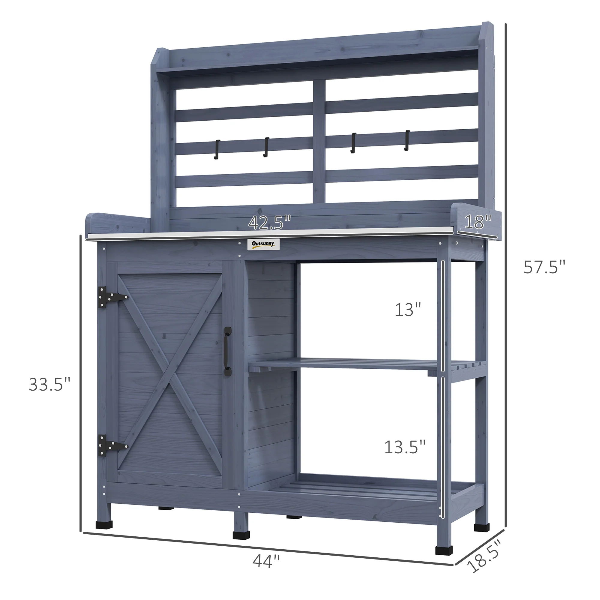 Wooden Potting Bench with Storage Cabinet & Shelves, for Backyard, Garden, Gray - Image 5