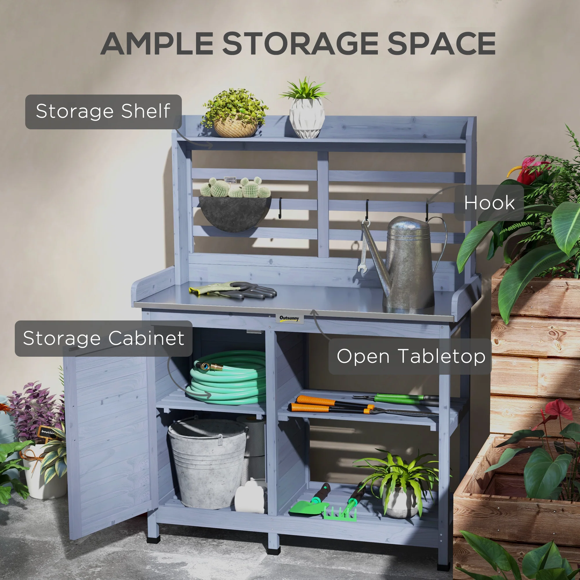 Wooden Potting Bench with Storage Cabinet & Shelves, for Backyard, Garden, Gray - Image 7
