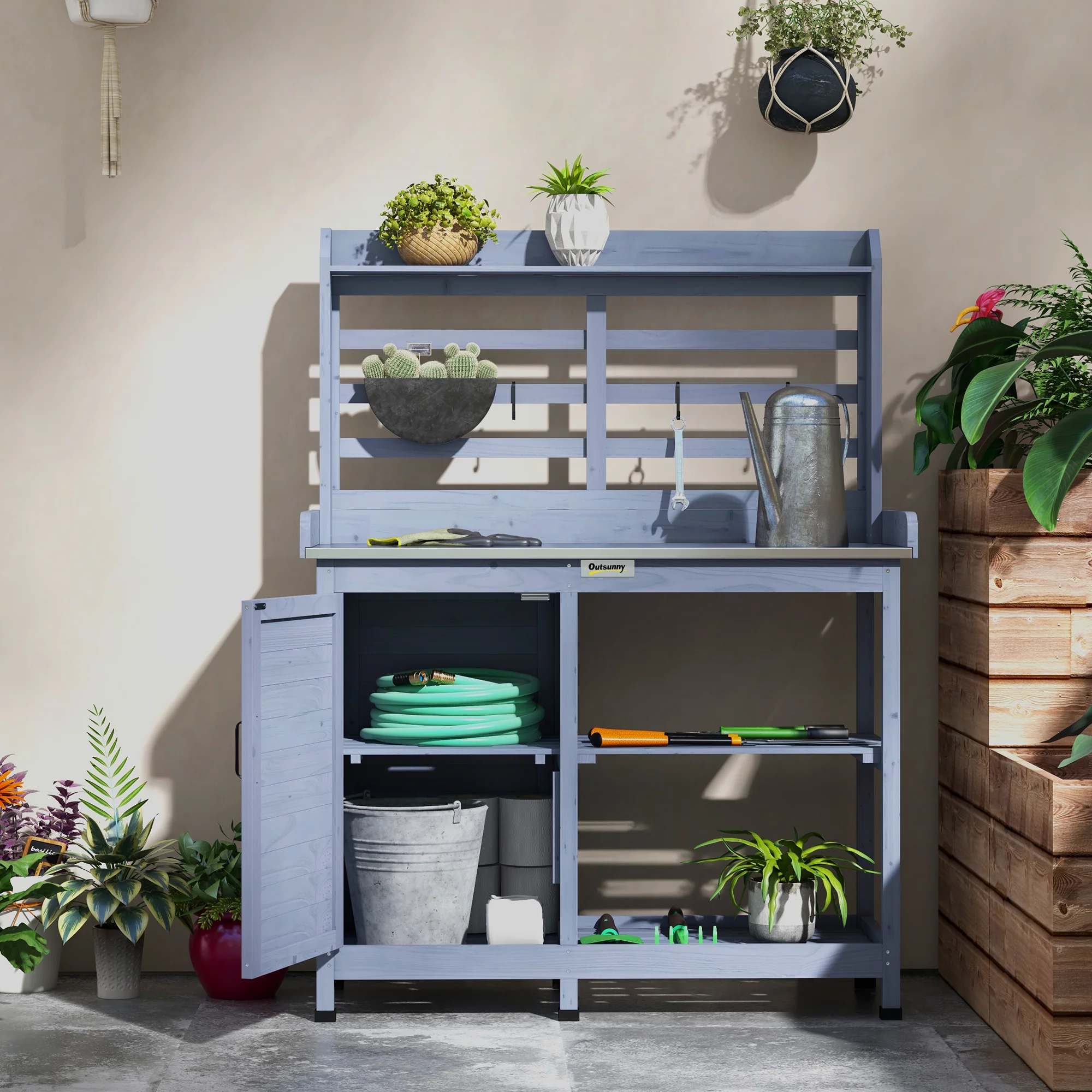 Wooden Potting Bench with Storage Cabinet & Shelves, for Backyard, Garden, Gray - Image 9