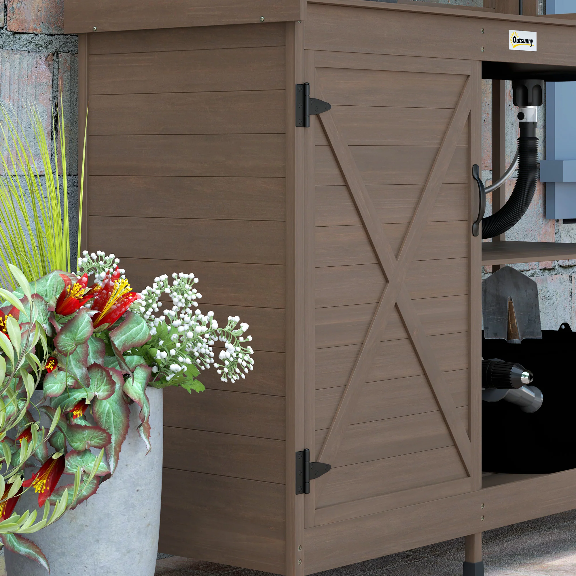 Wooden Potting Bench w/Sink and Water Tap,Storage Cabinet & Drawer Shelves, Dark Brown - Image 11