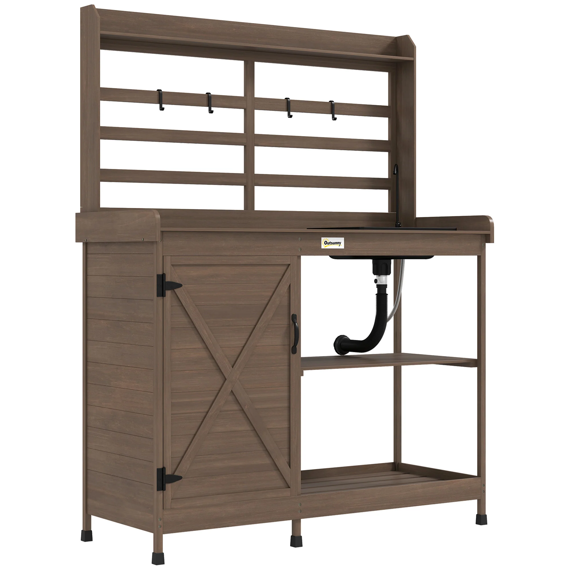 Wooden Potting Bench w/Sink and Water Tap,Storage Cabinet & Drawer Shelves, Dark Brown - Image 12